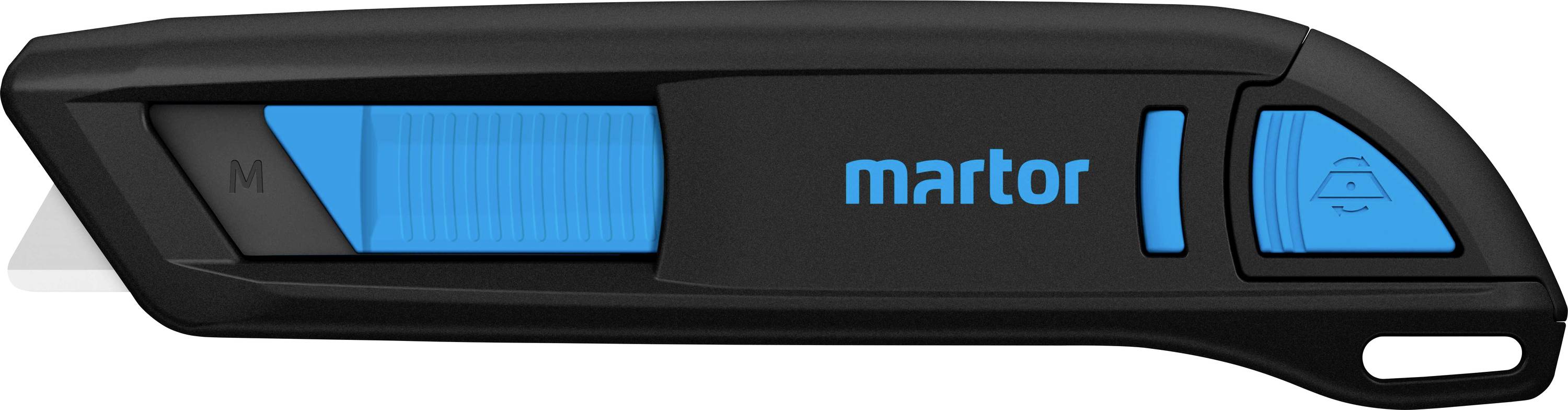 Martor safety knife with blue slide control and blade cover in black, for safe handling and cutting.