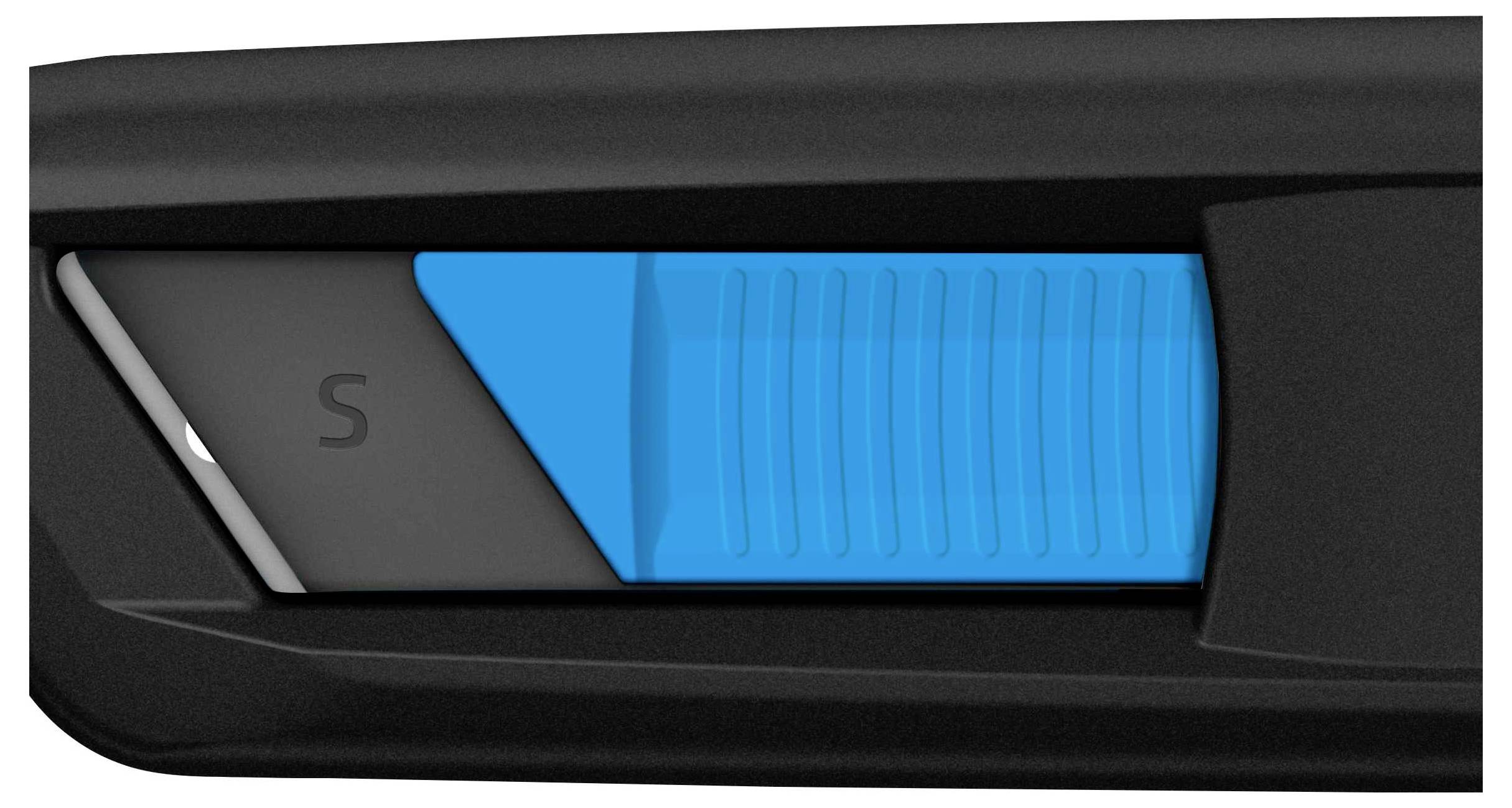 'Black switch with blue, horizontally ribbed central surface, next to a grey segment with an 'S'.'