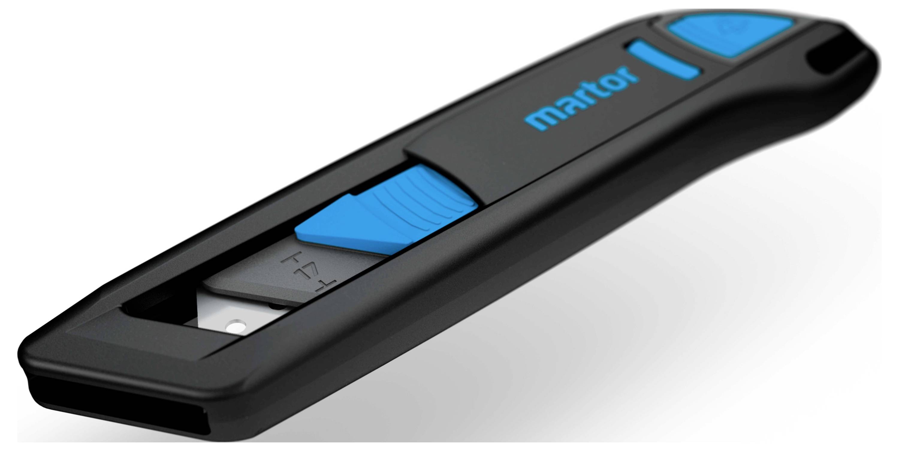 Black safety knife with blue details, brand visible on handle.