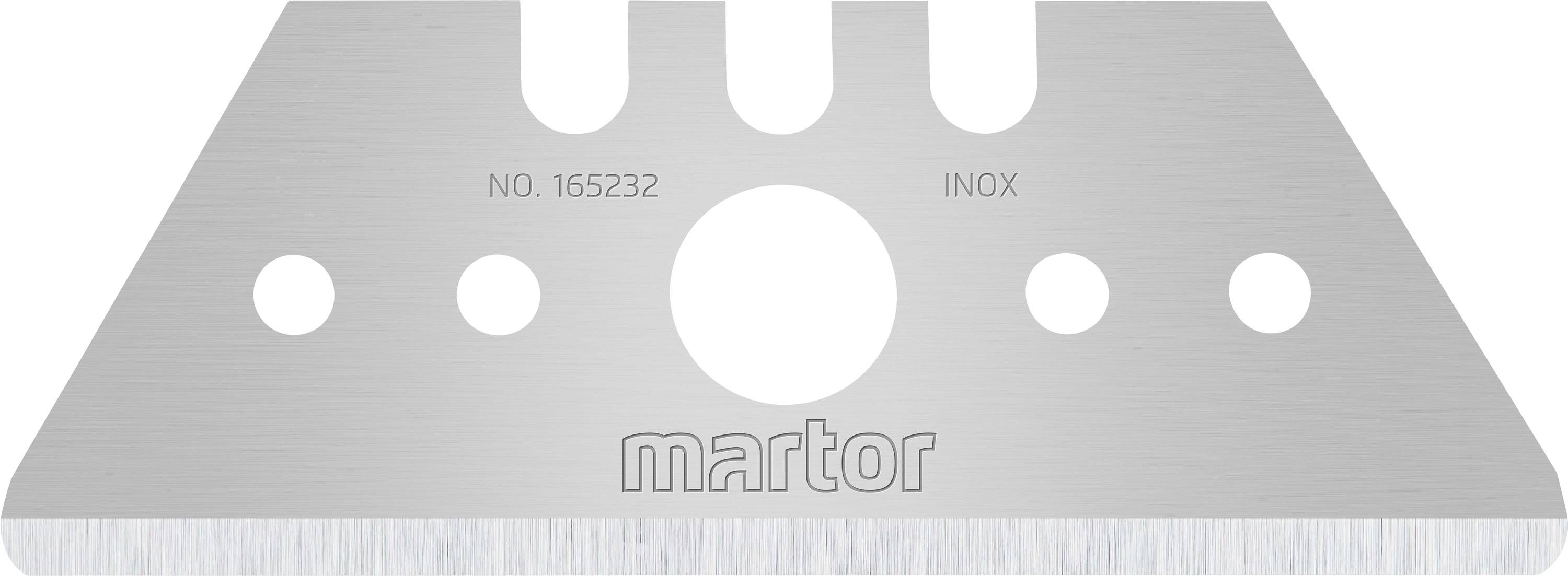 Triangular silver industrial blade with 'martor' inscription and serial number 165232, featuring multiple round cut-outs.