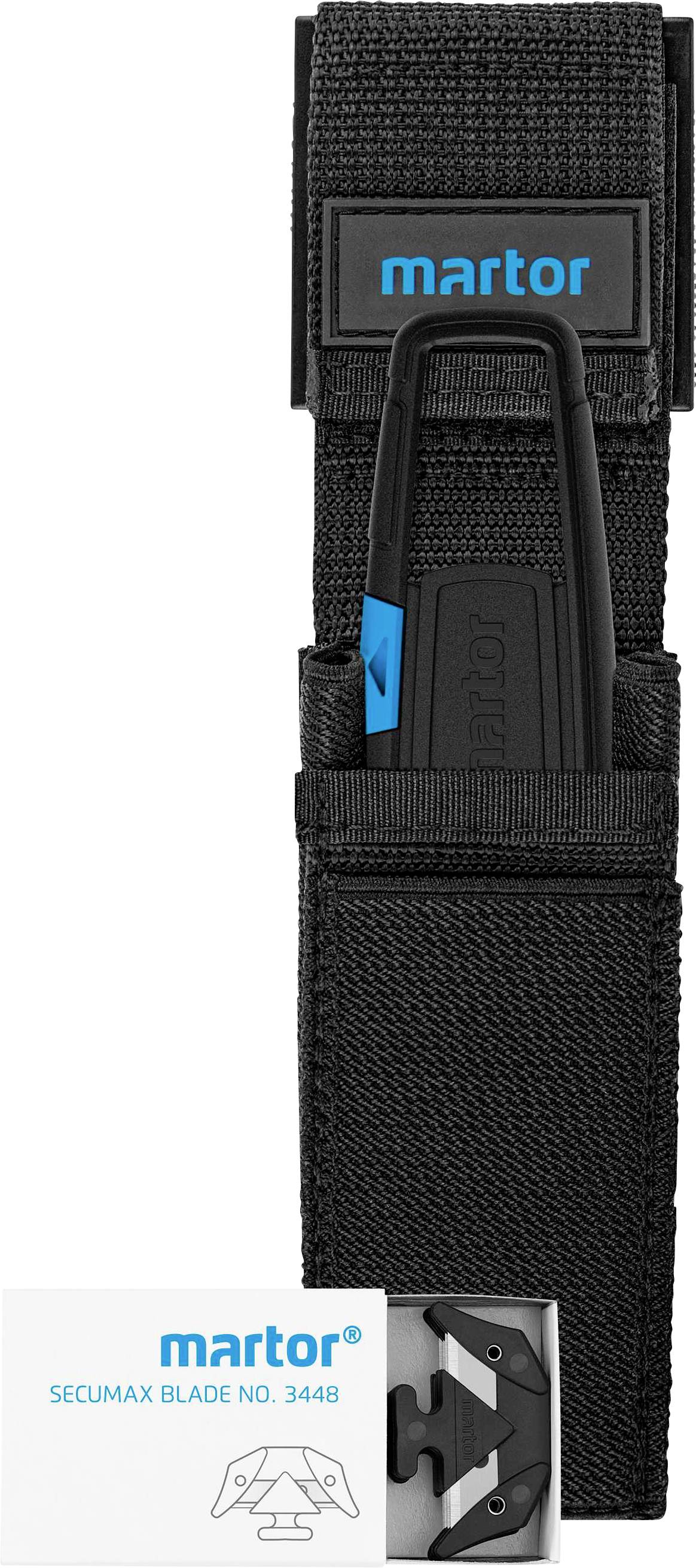 Martor Secumax cutter in a black holster with a spare blade pack underneath.