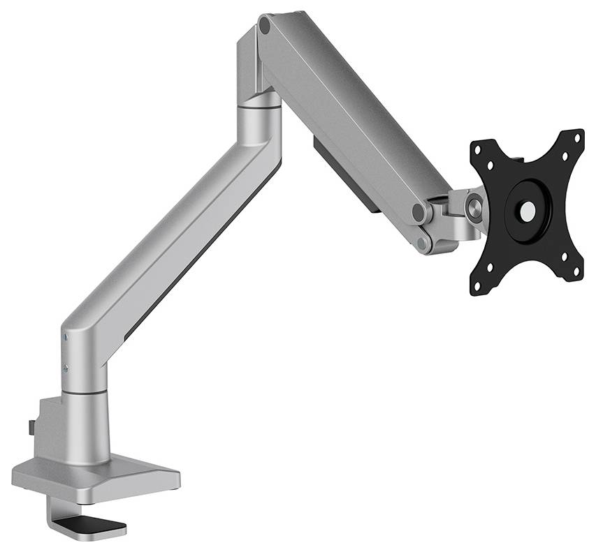 A height-adjustable metal monitor arm, suitable for mounting a screen, with a flexibly adjustable joint.