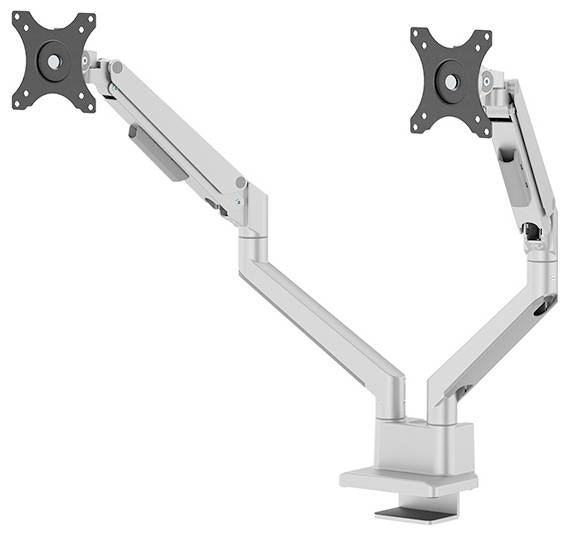 A dual monitor arm in silver with two articulated arms that can be independently moved, suitable for desk mounting.