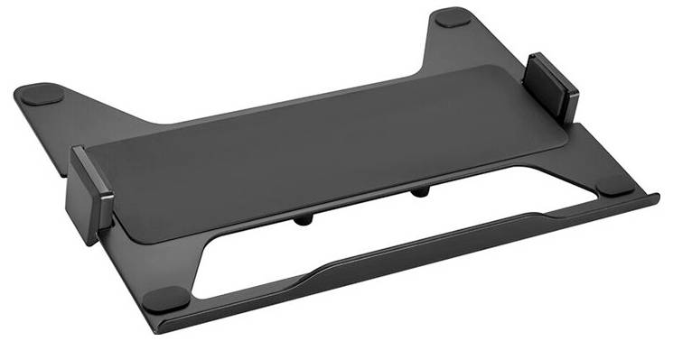 A black plastic laptop stand with non-slip rubber feet and adjustable mounting straps for various laptop sizes.