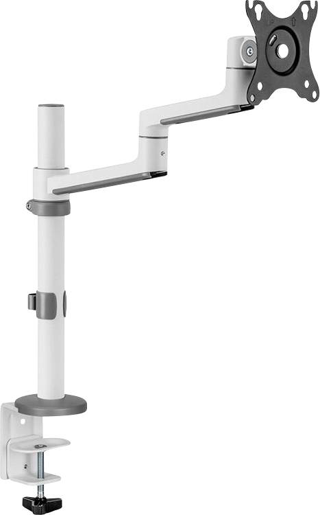 A height-adjustable metal monitor arm with clamp fixing, suitable for offices to provide flexible positioning of displays.