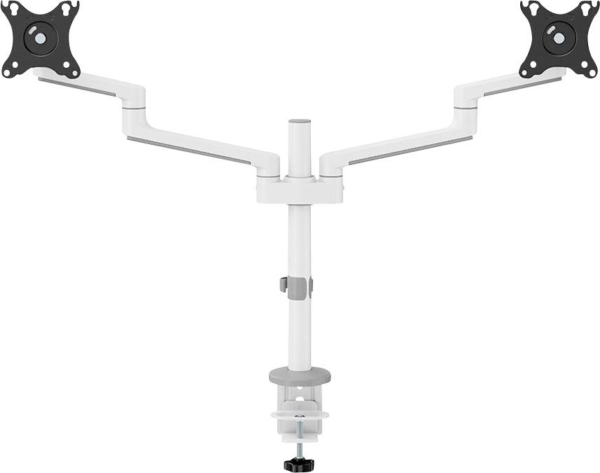 Monitor mount with two adjustable arms for attaching screens. The base is suitable for desk mounting.