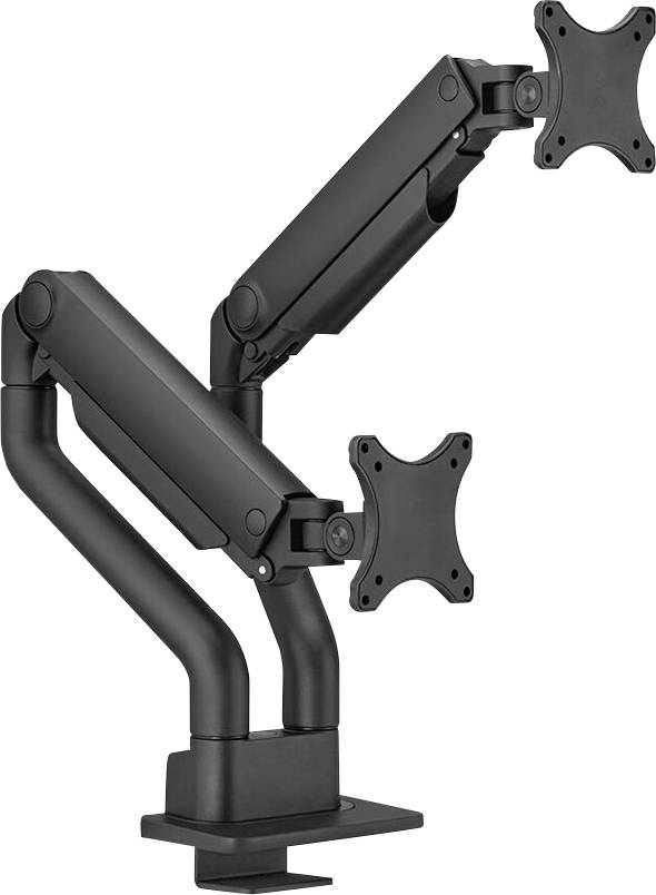 Two-arm monitor stand, black, adjustable. Screw-mounted to desk edge, suitable for two screens.
