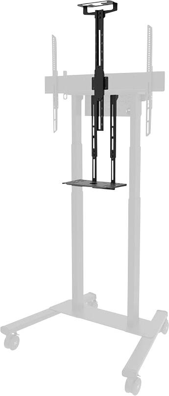 A height-adjustable TV trolley with mounting bracket on castors. Suitable for presentations or mobile screen solutions.