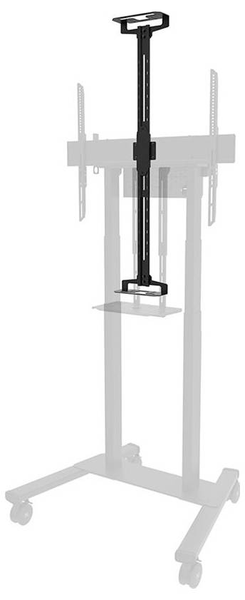 A black metal stand on wheels with an elongated frame, suitable for mounting technical equipment or monitors.