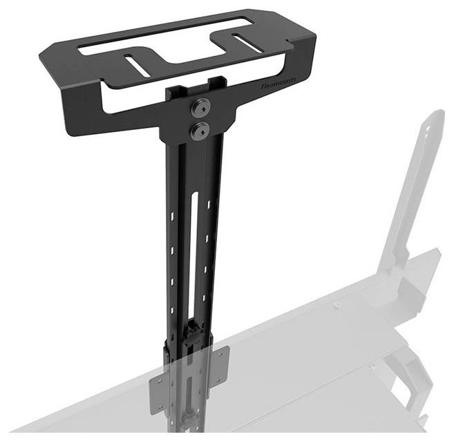 An adjustable metal monitor mount, fitted on a transparent base. Ideal for securing screens to desks.