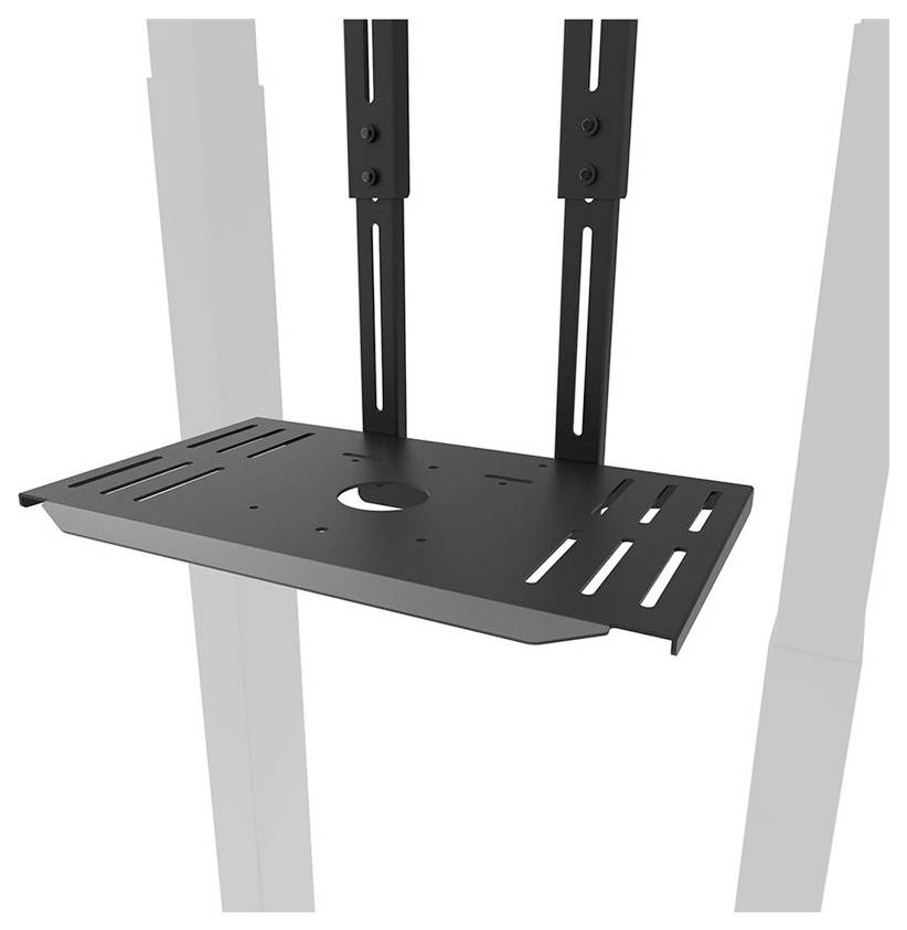 Black metal shelf board, mountable on two vertical poles, with multiple slots for cable management.