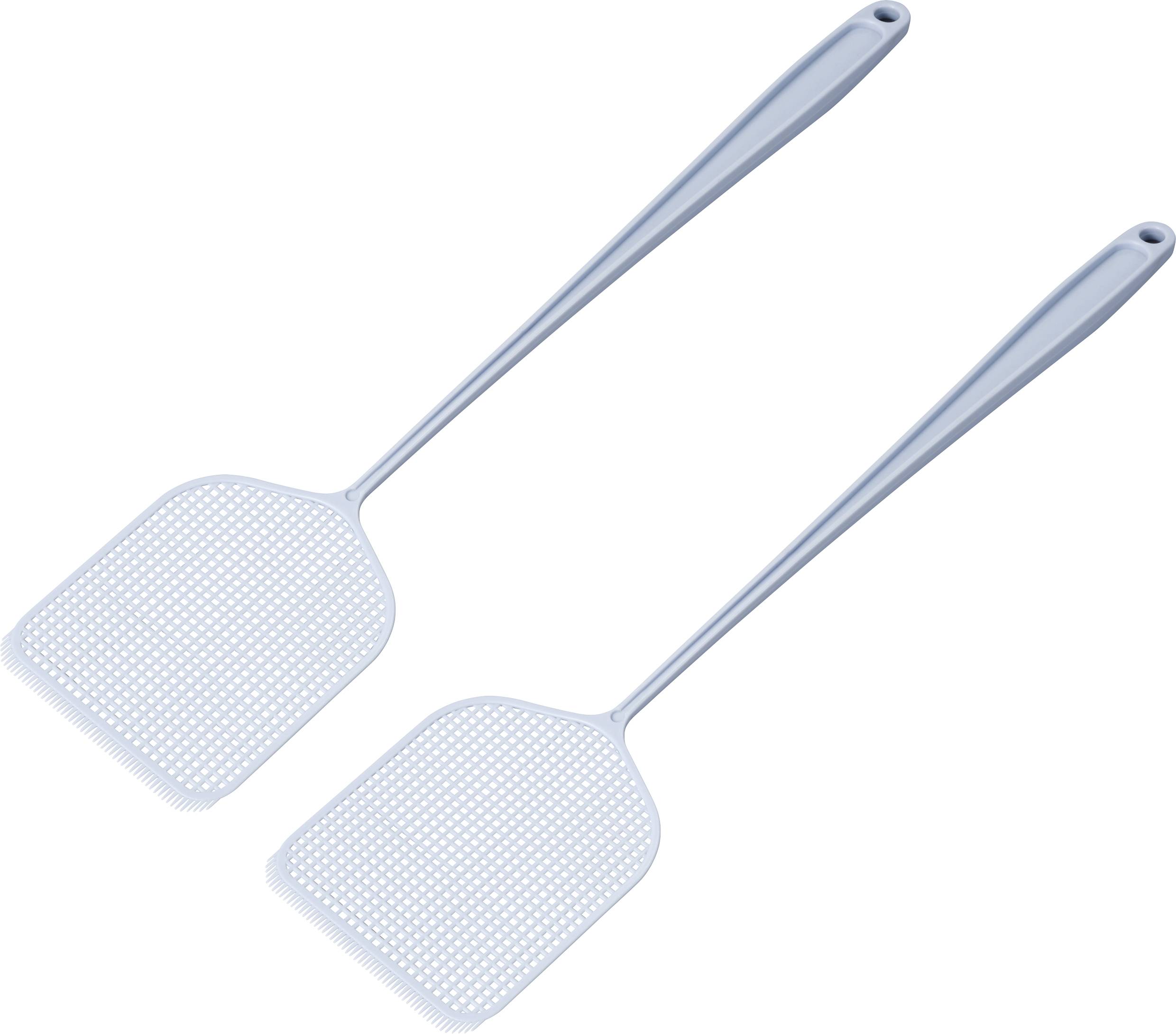 Two blue fly swatters with long handles and rectangular swatting surfaces positioned side by side on a white background.