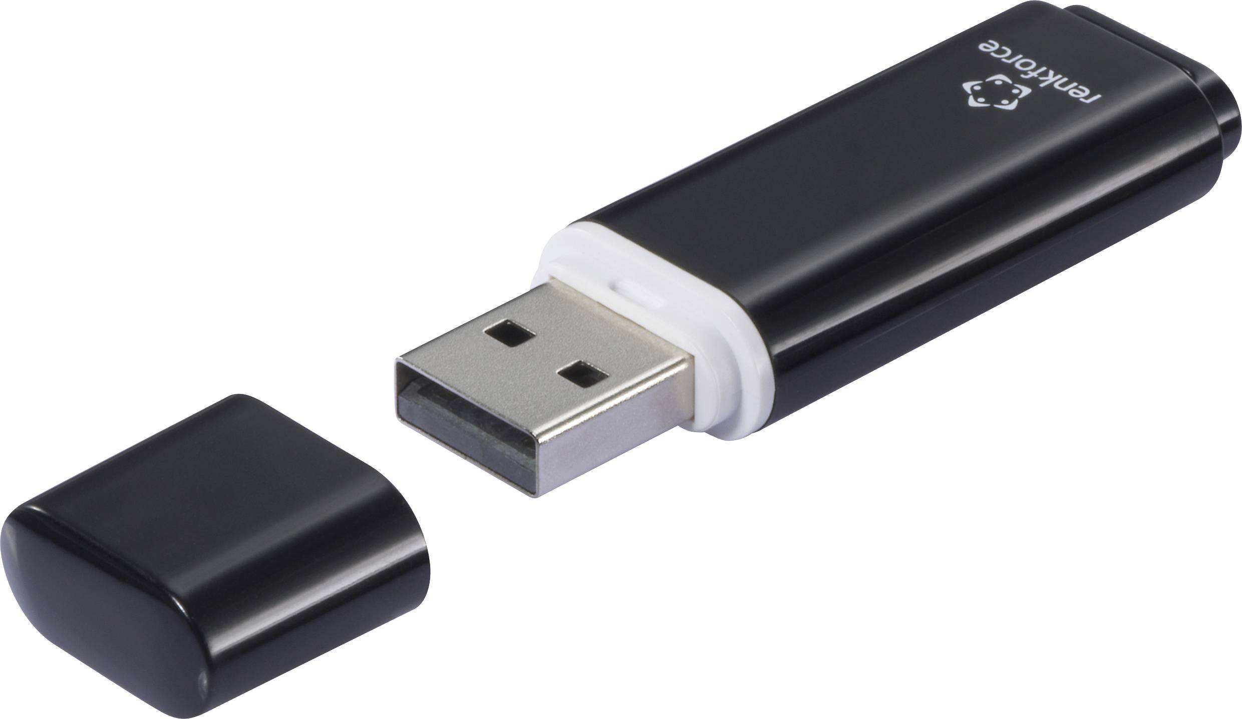Black USB stick with removed cap, lying on its side. The recycling symbol is visible on top.