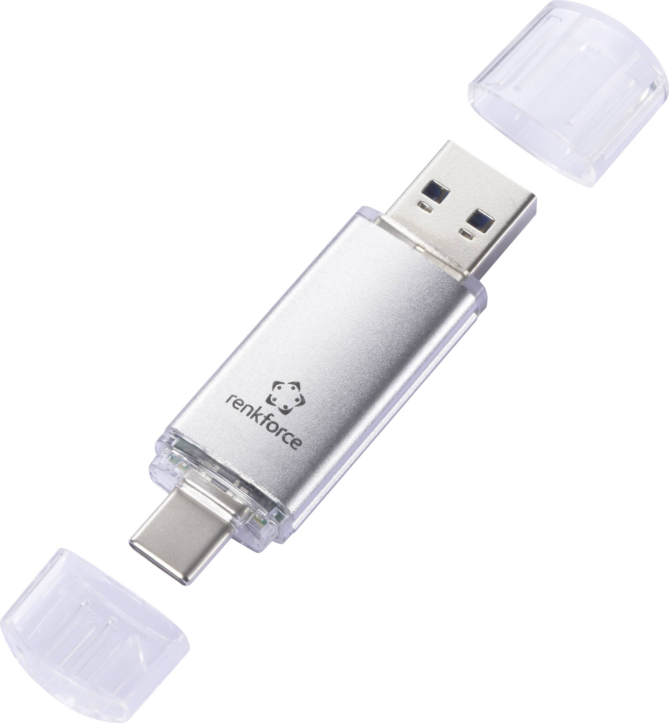 Silver USB flash drive with USB-A and USB-C connectors, shown with translucent protective caps removed and placed nearby.