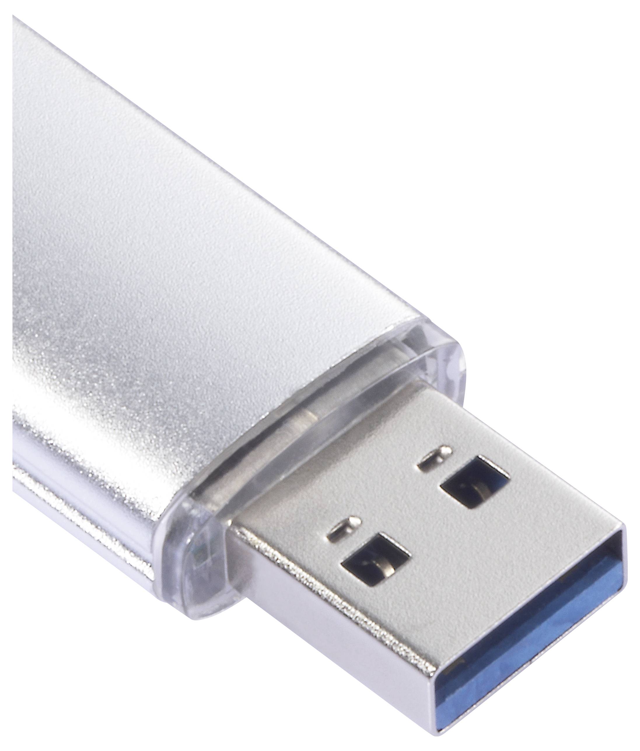 Close-up of a USB flash drive connector with a silver metal body and clear plastic cap.