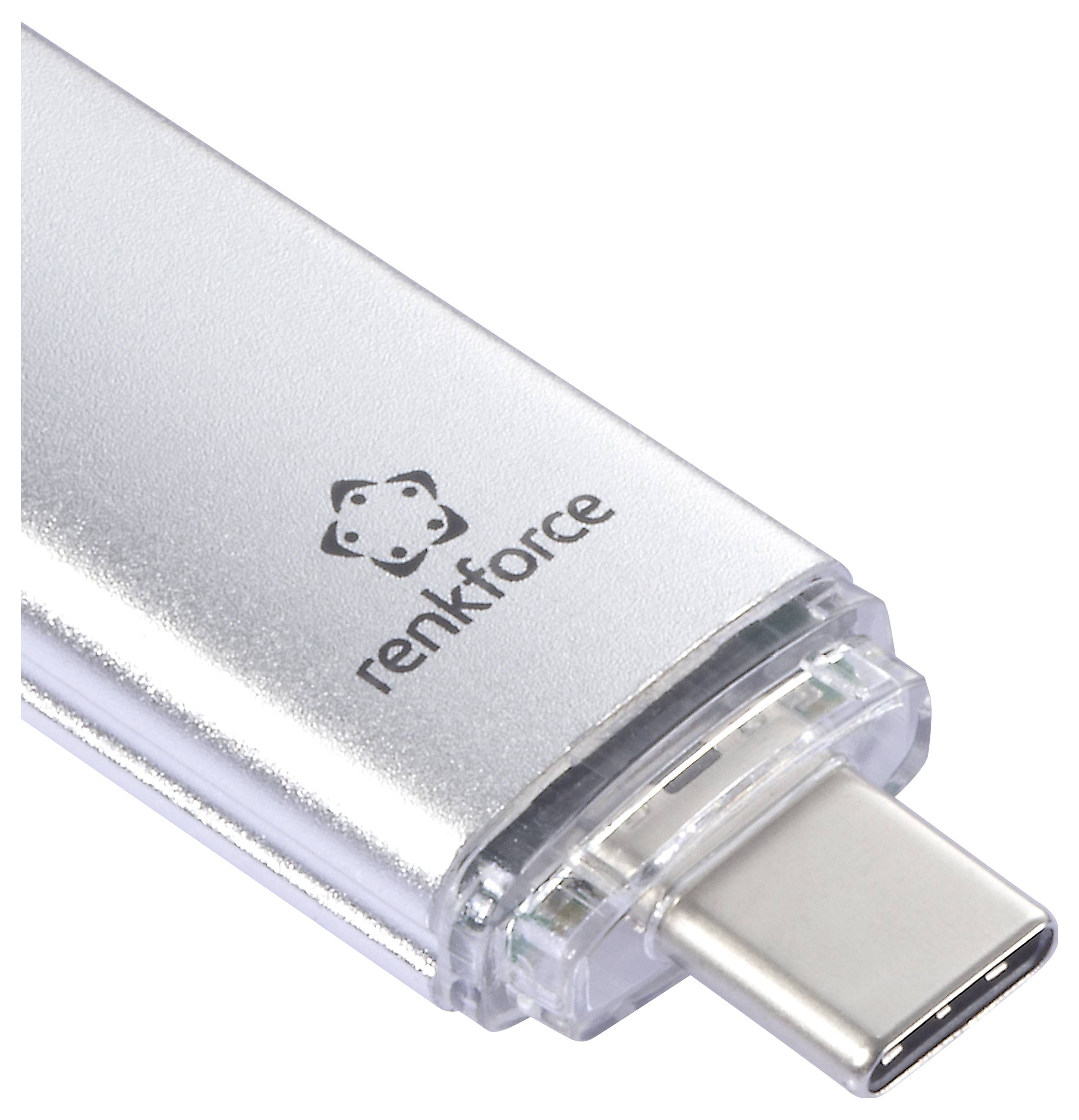 Close-up of a silver USB-C flash drive with the 'renkforce' logo, showing the connector and clear plastic cap end.
