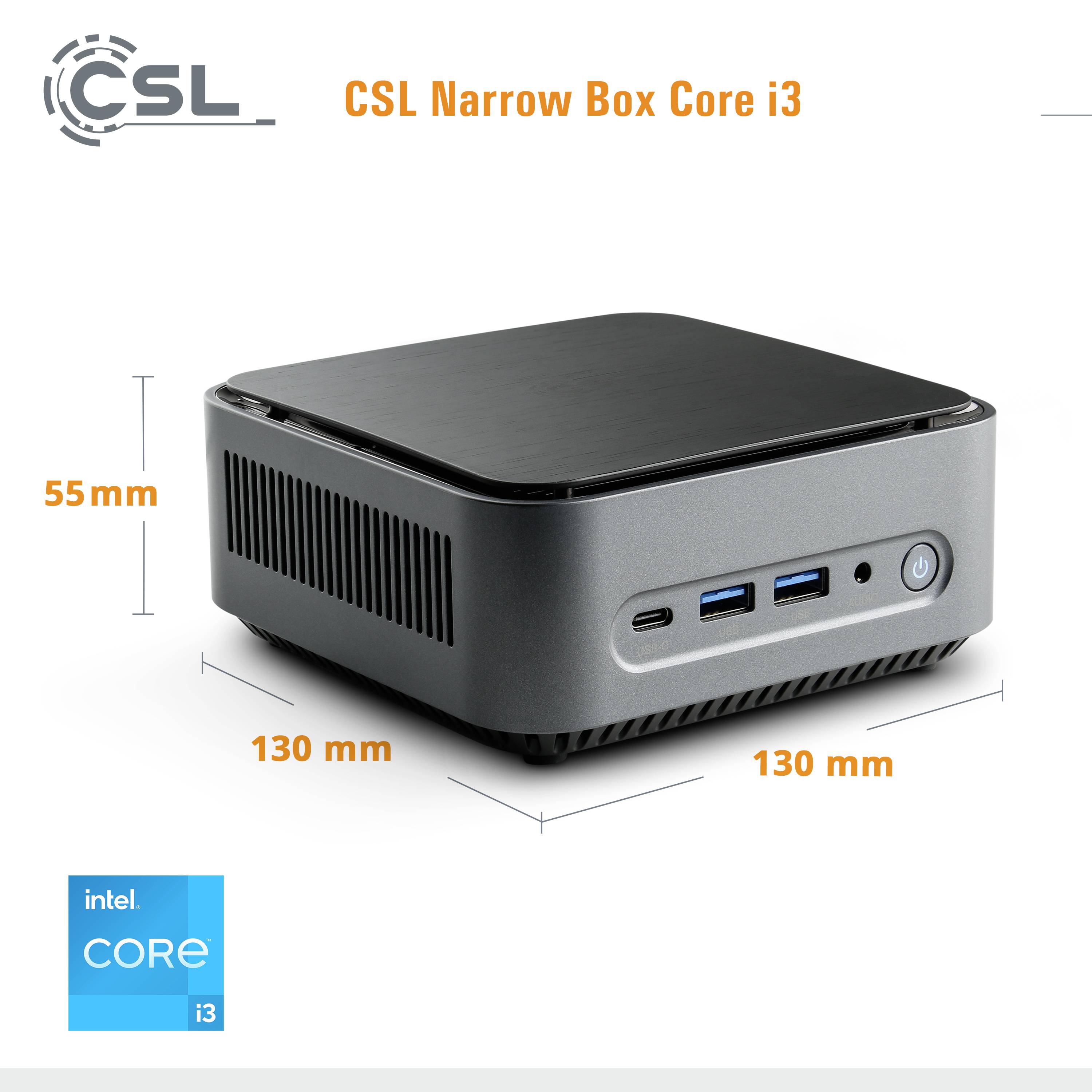 Grey-black mini PC 'CSL Narrow Box Core i3', compact with dimensions of 130 mm x 55 mm. Front panel: USB and headphone ports.
