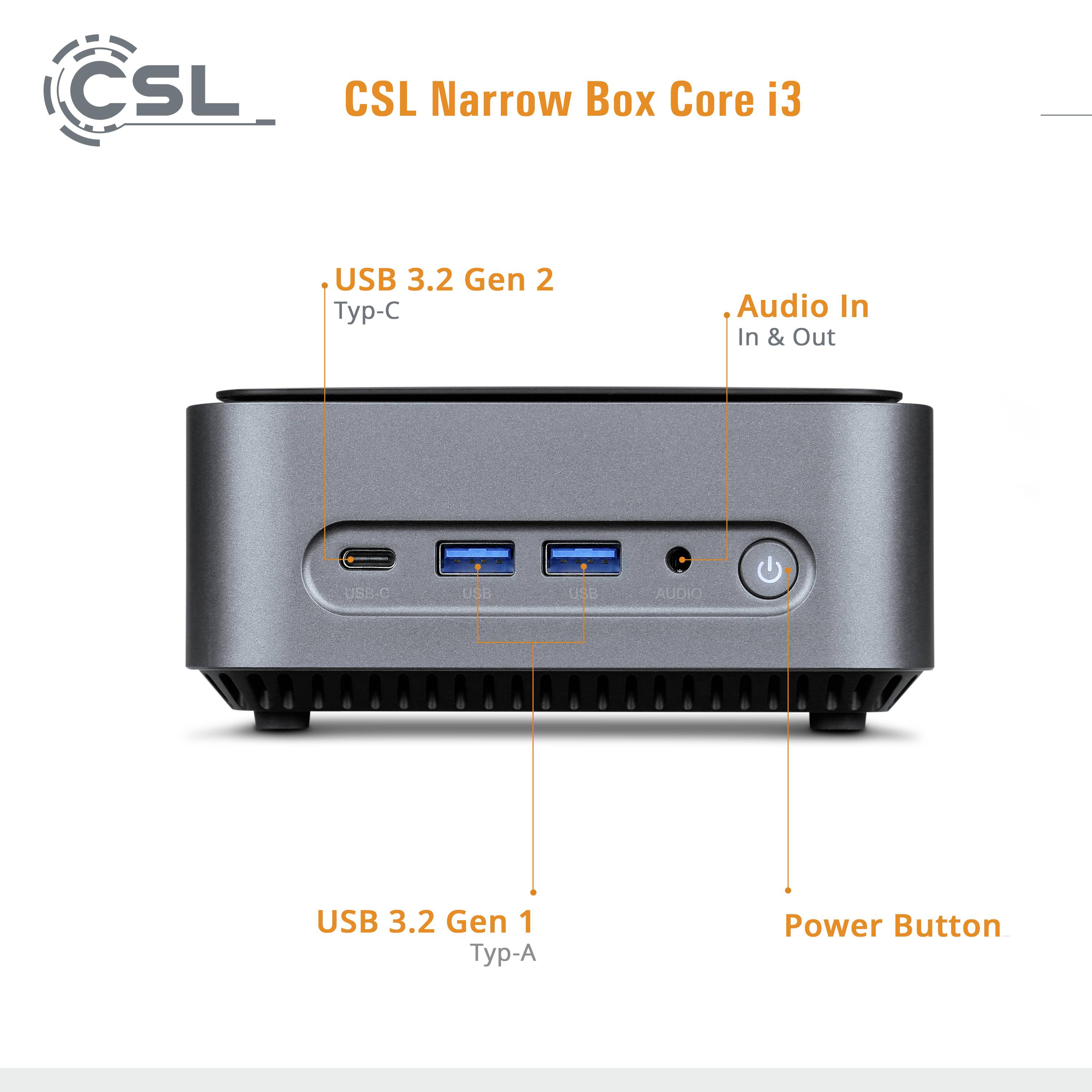 Front view of a small grey computer box with ports: USB-C, two USB-A, audio input and output. Label reads 'CSL Narrow Box Core i3'.