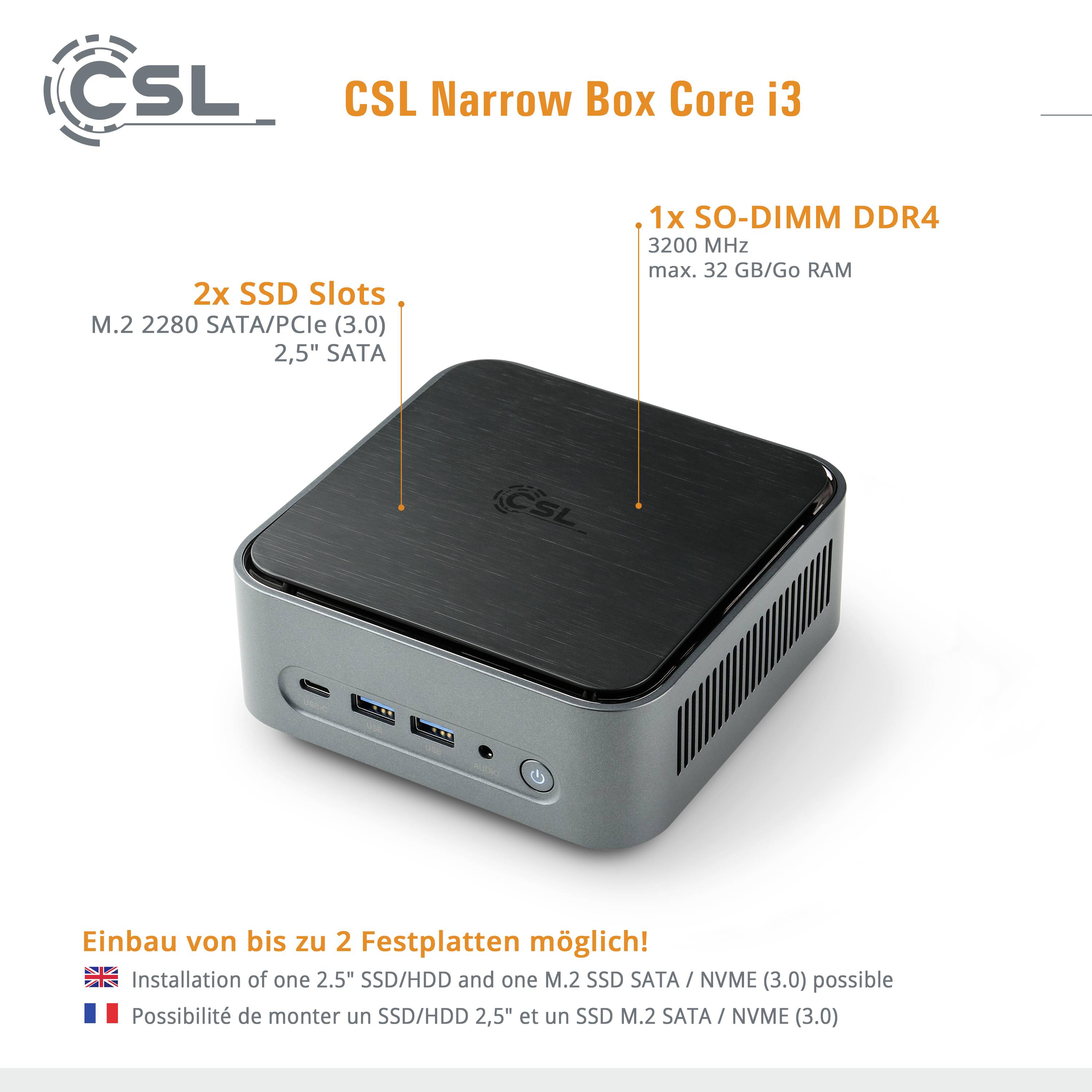 'CSL Narrow Box Core i3' Mini-PC. Features: 2x SSD Slots (M.2 SATA/PCIe), 1x SO-DIMM DDR4 Slot. Supports up to 32 GB RAM. Compact design.