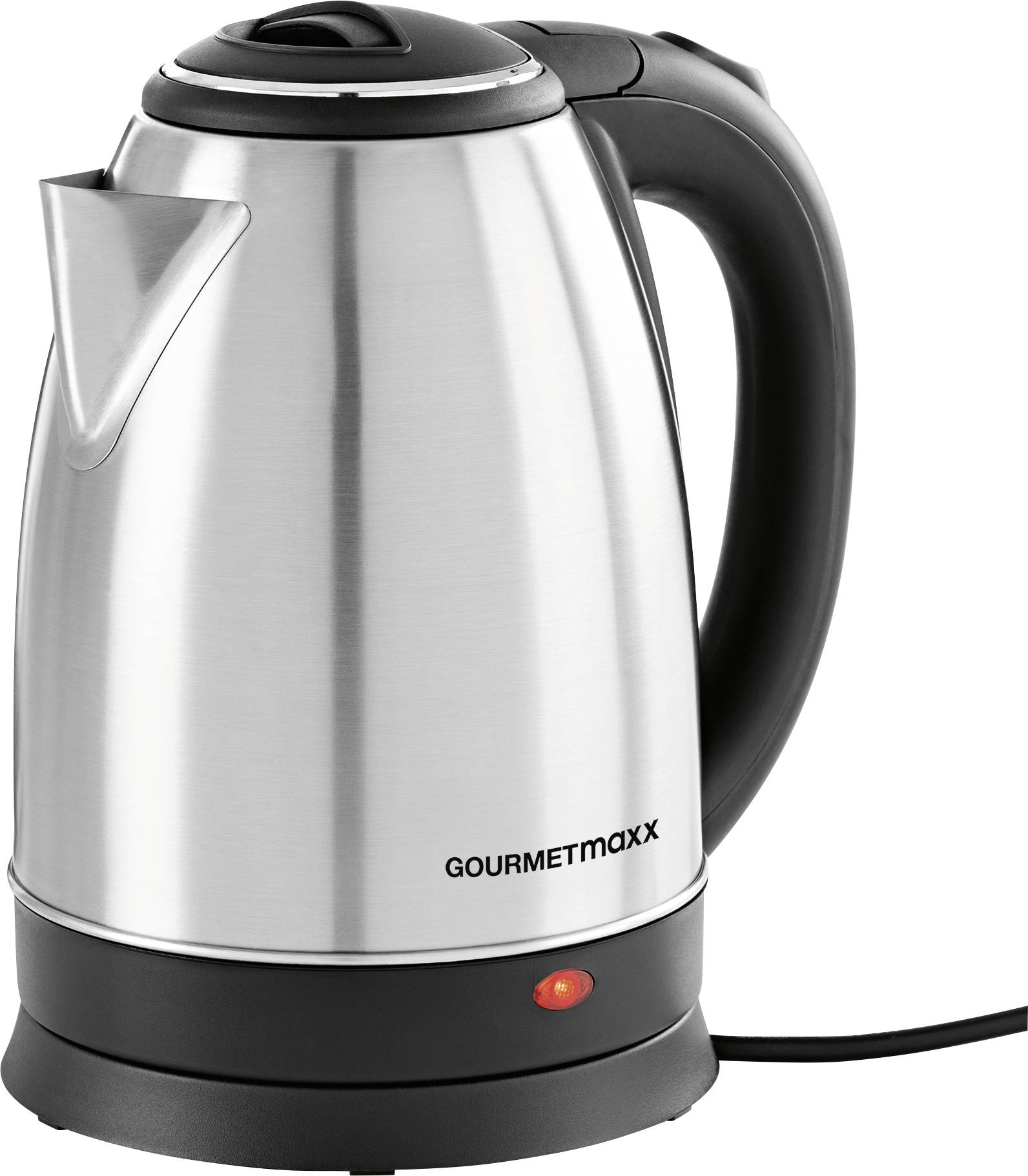 Silver electric kettle with black handle, cable, and switch. 'GOURMETmaxx' marking on the side.