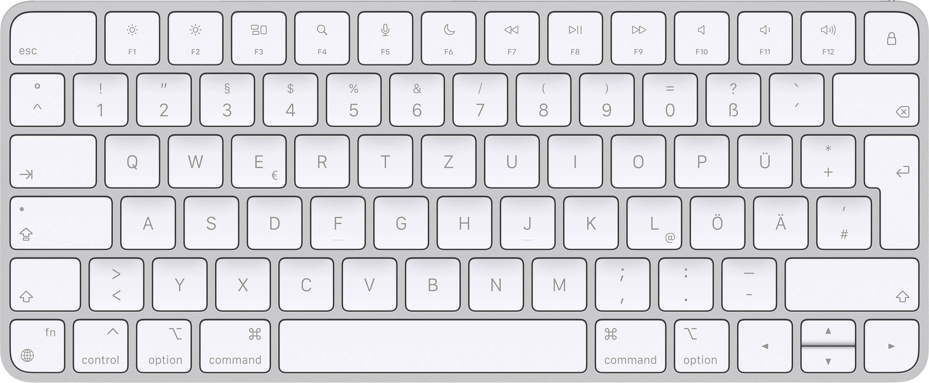 German computer keyboard in an Apple layout. Shows keys with letters, numbers, and symbols. Layout is QWERTZ with function keys.