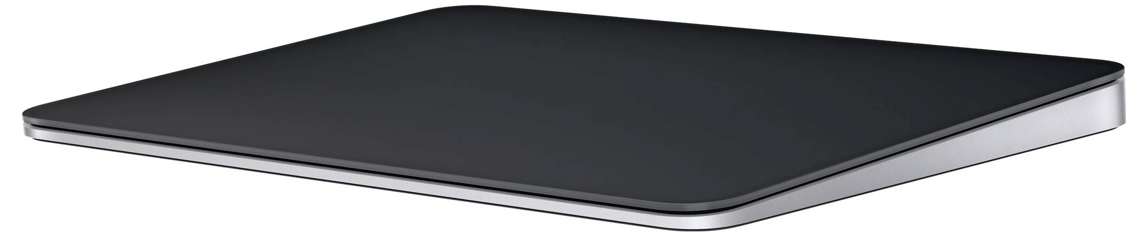 Black, rectangular trackpad with a silver border, possibly for controlling a computer.