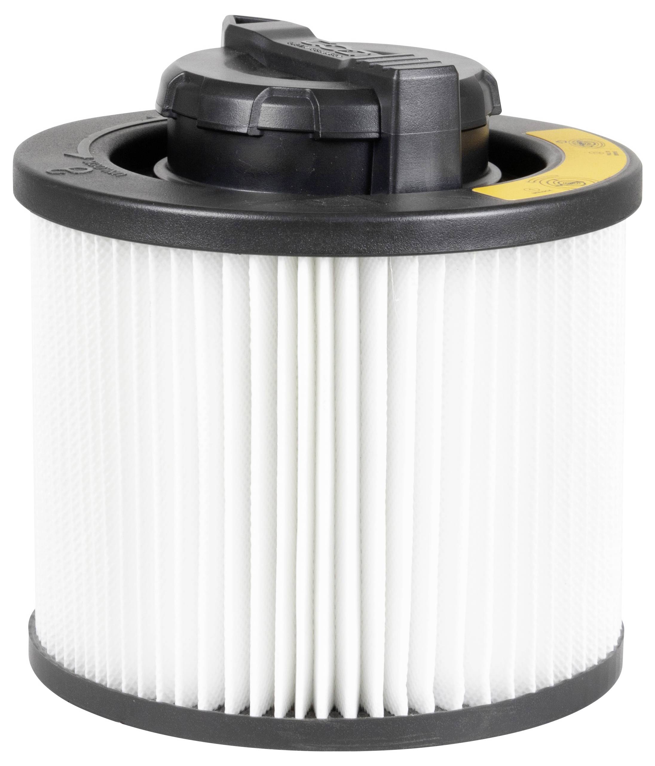 A black cylindrical air filter with white vanes and a sealable lid, suitable for vacuum cleaners or household appliances.