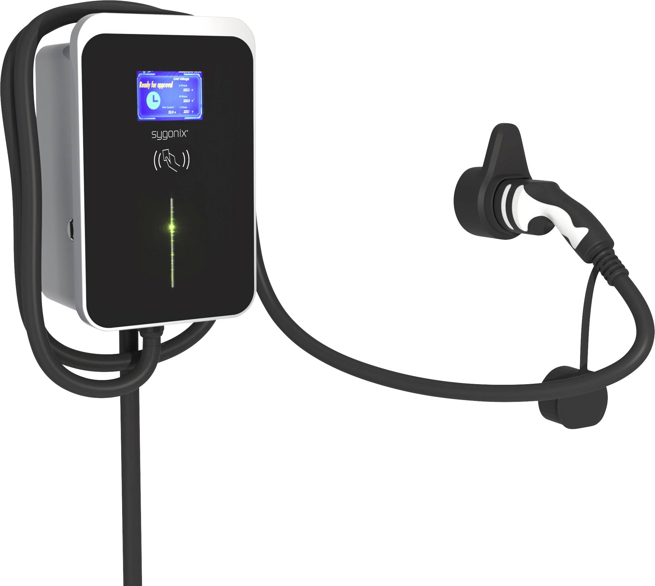 Electric vehicle charging point with a screen and charging cable at the side.