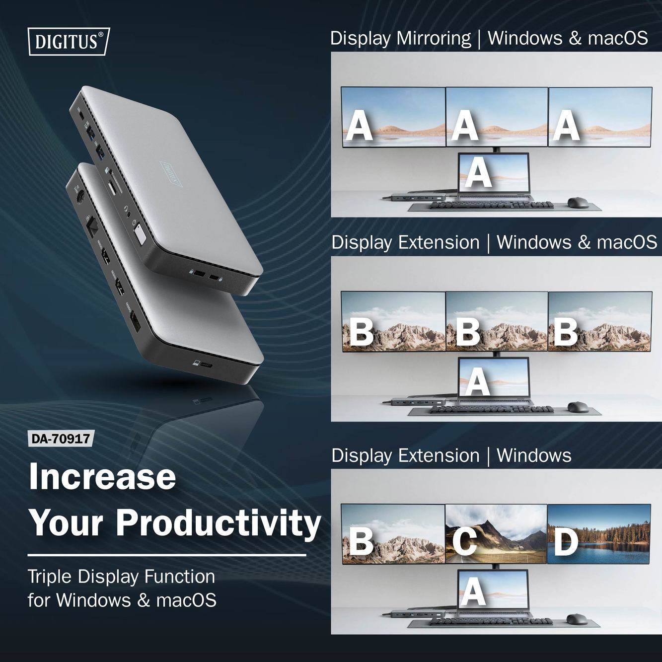 Digitus USB-C® docking station DA-70917 Charging function, Built-in card reader, Supports 8K@30 Hz (1x) / 4K@30Hz (2x)