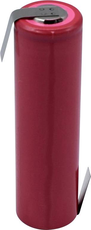 Red cylindrical battery with metal terminals on top.