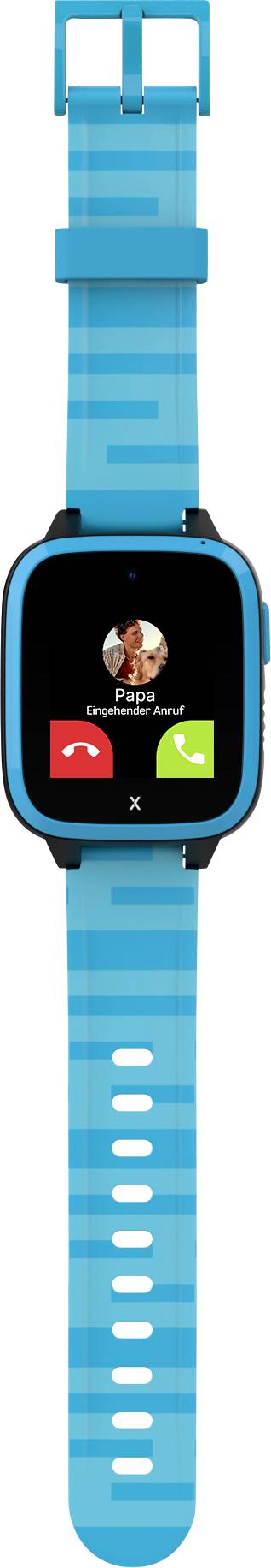Smartwatch with a blue wristband, displaying an incoming call. Two buttons: red with a receiver symbol to end the call and green to answer.
