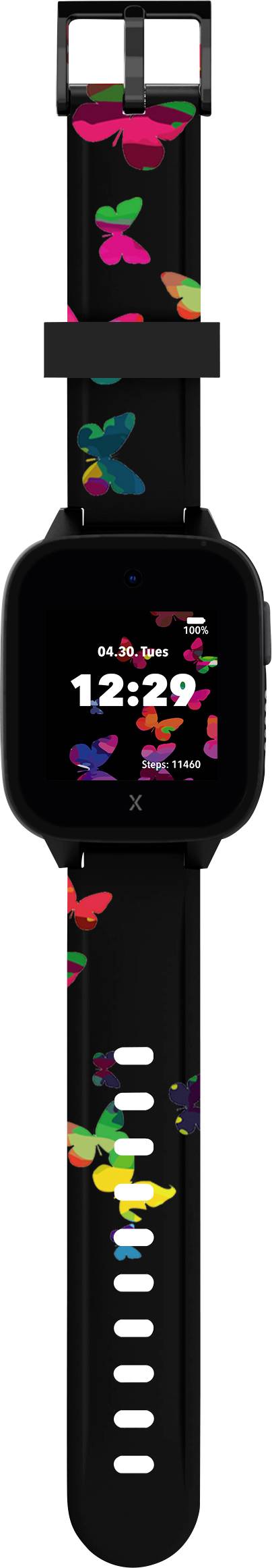 A black smartwatch with colourful butterflies on the strap displays the time as 12:29.