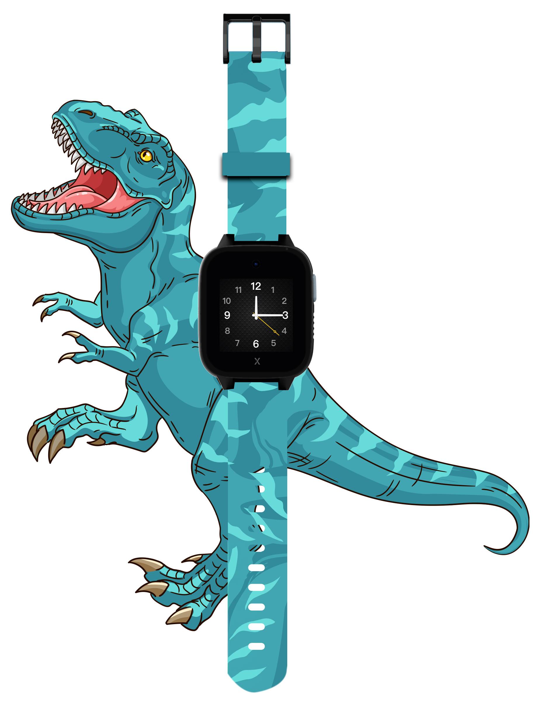 A blue dinosaur toy that serves as a wristwatch, with a printed dial on the body of the dinosaur.