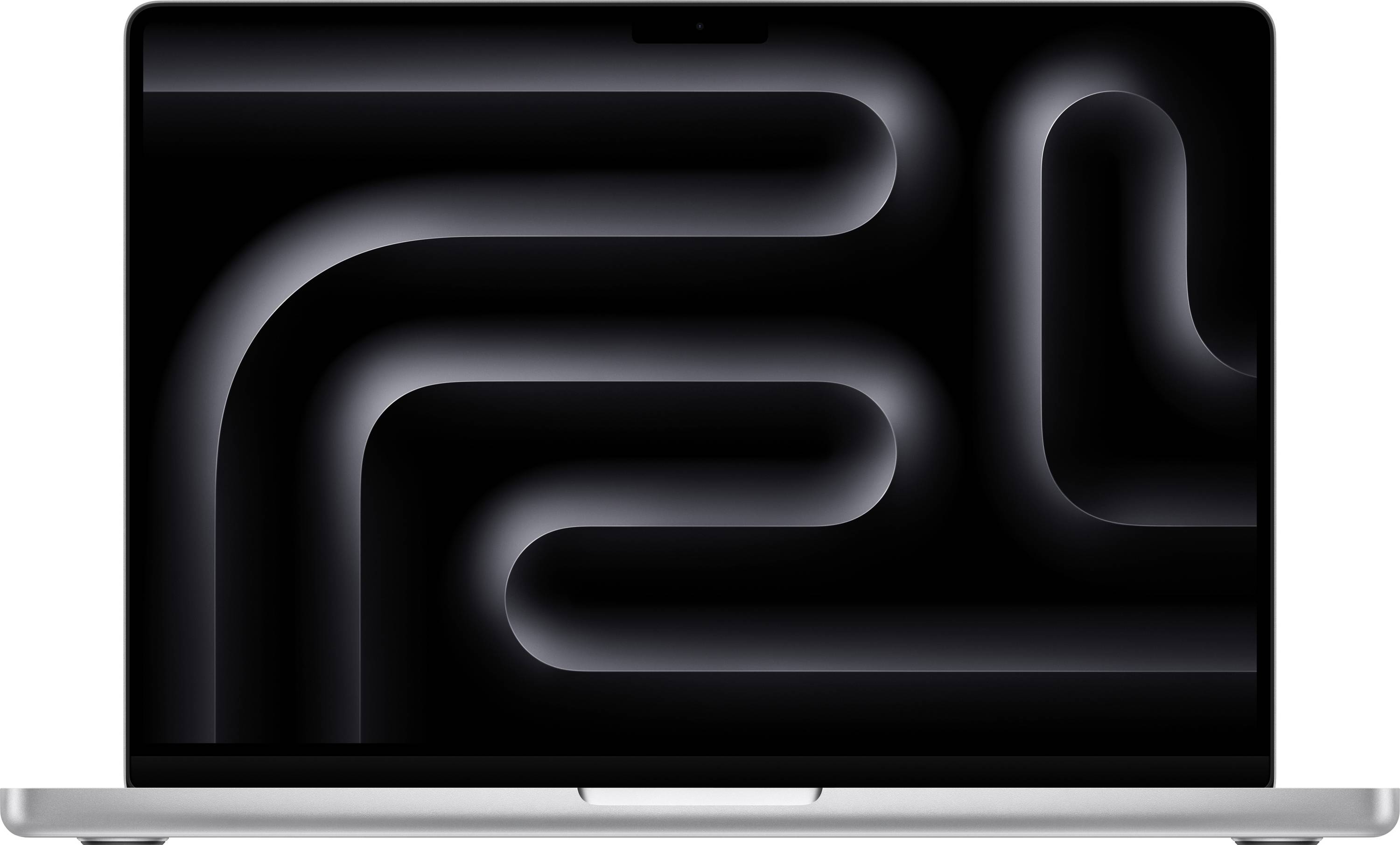 A laptop with an abstract, dark screen background depicting curved lines.