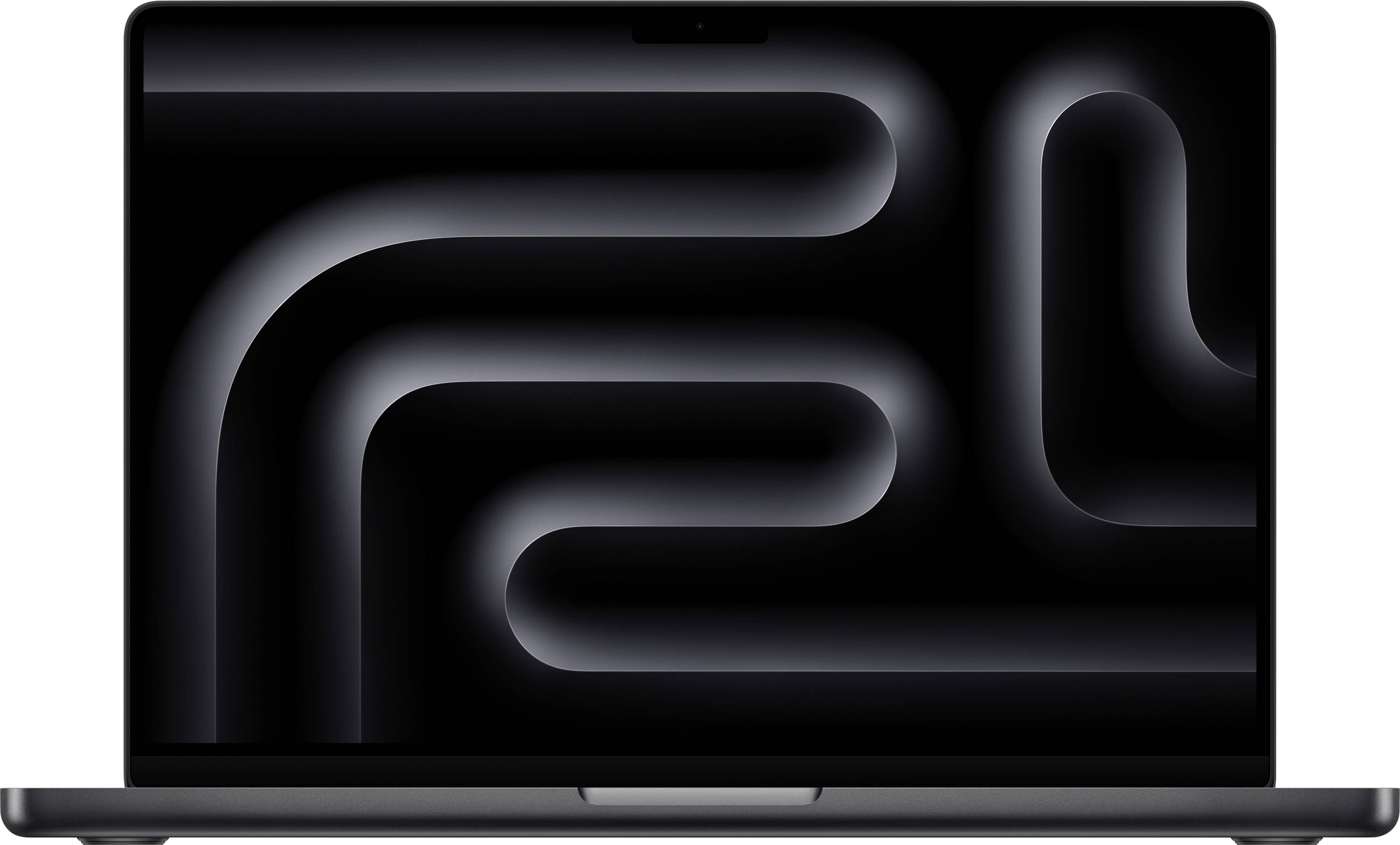 A laptop with a screen displaying an abstract, curved line pattern in dark grey on a black background.