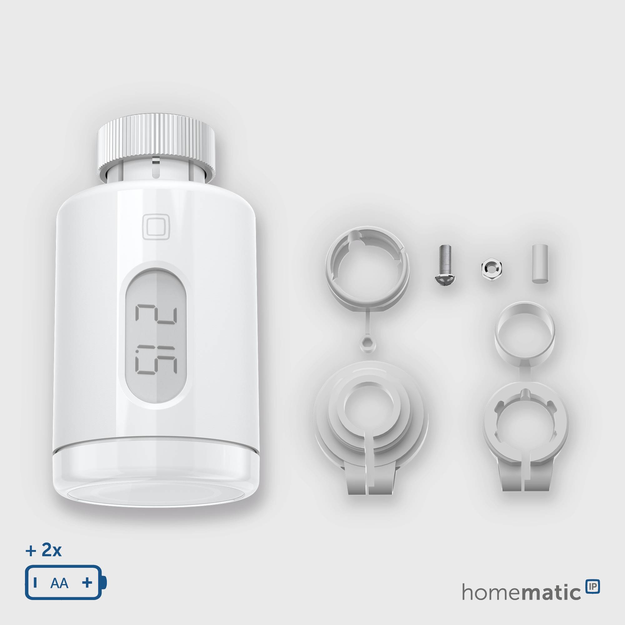 'Smarter Radiator Thermostat' for heating control. Includes thermostat, mounting rings, screws, adapter and batteries.