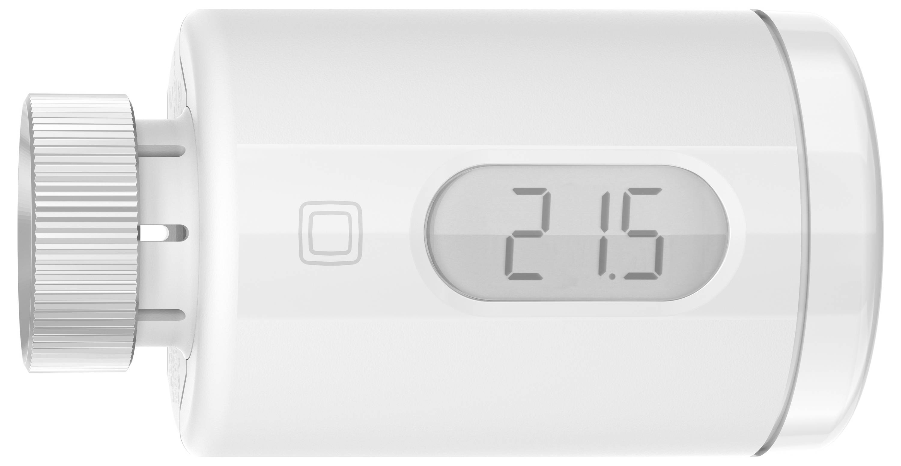A digital thermostat viewed from the side displays '21.5' on its screen.