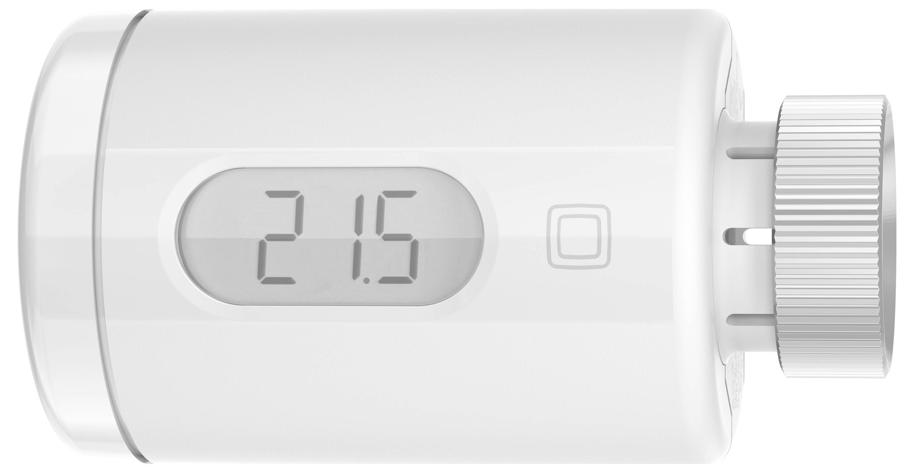 A white, cylindrical thermostatic valve with a digital display shows '21.5'. A silver rotary control is positioned to the right.