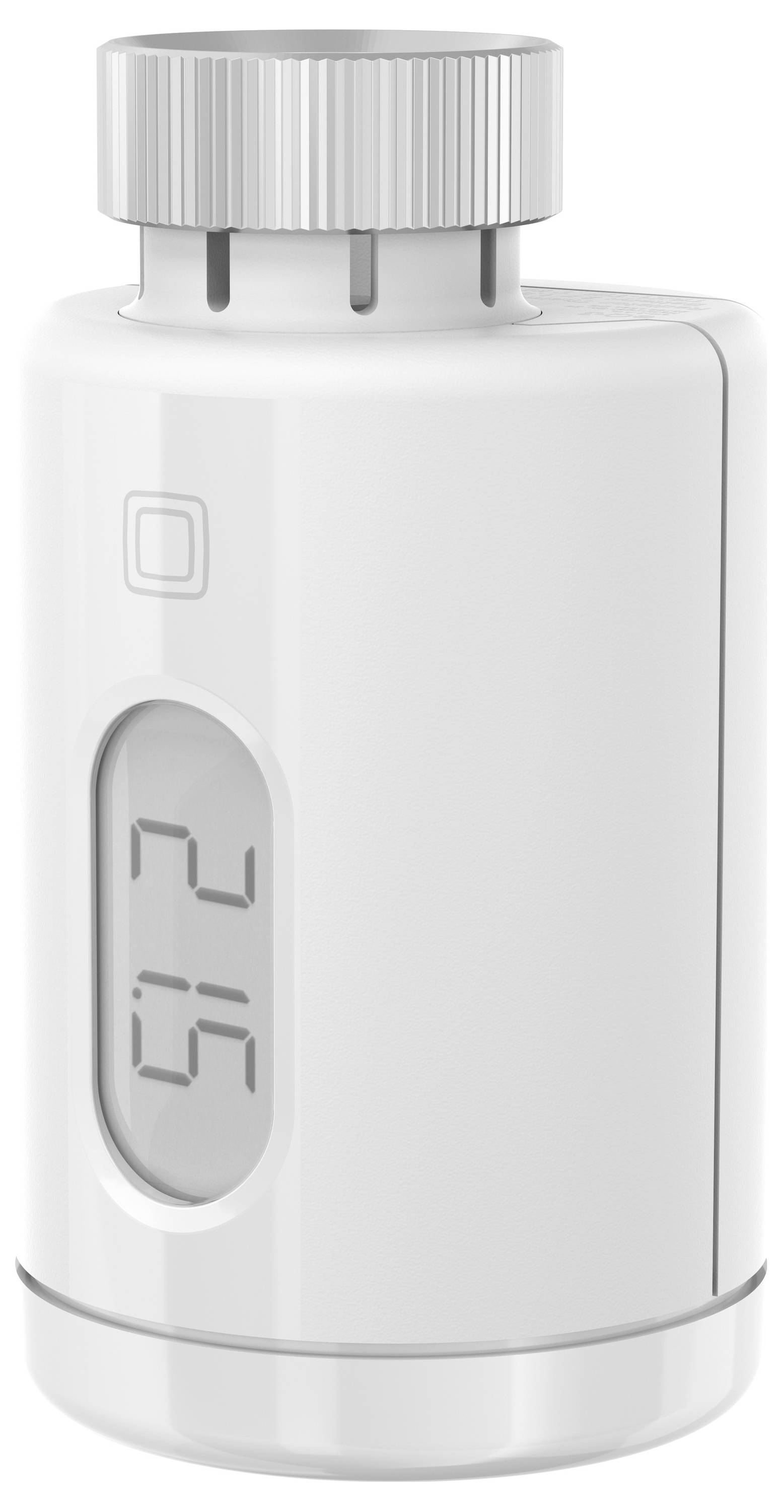 White, cylindrical thermostat with a digital display and large dial on top, showing the current temperature of 20.5 degrees Celsius.