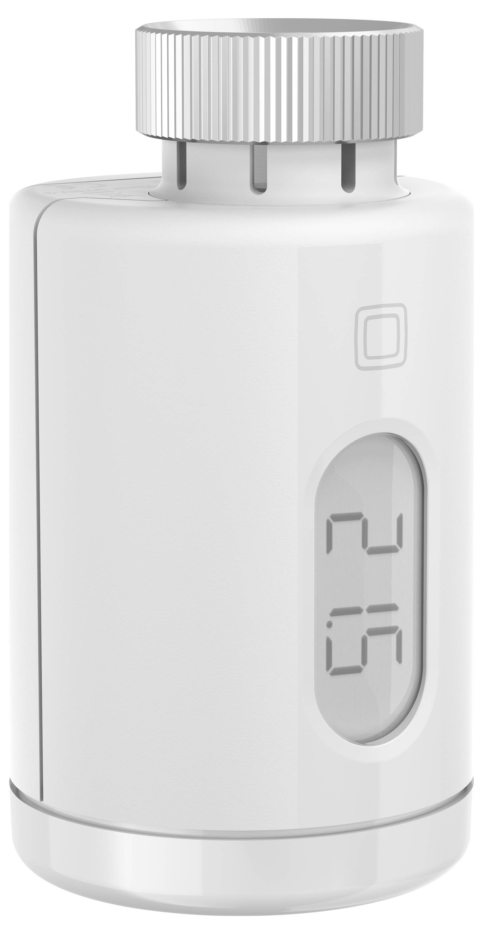 A digital thermostatic valve with a display shows '24.5'. The silver rotary dial at the top is used for manual control.