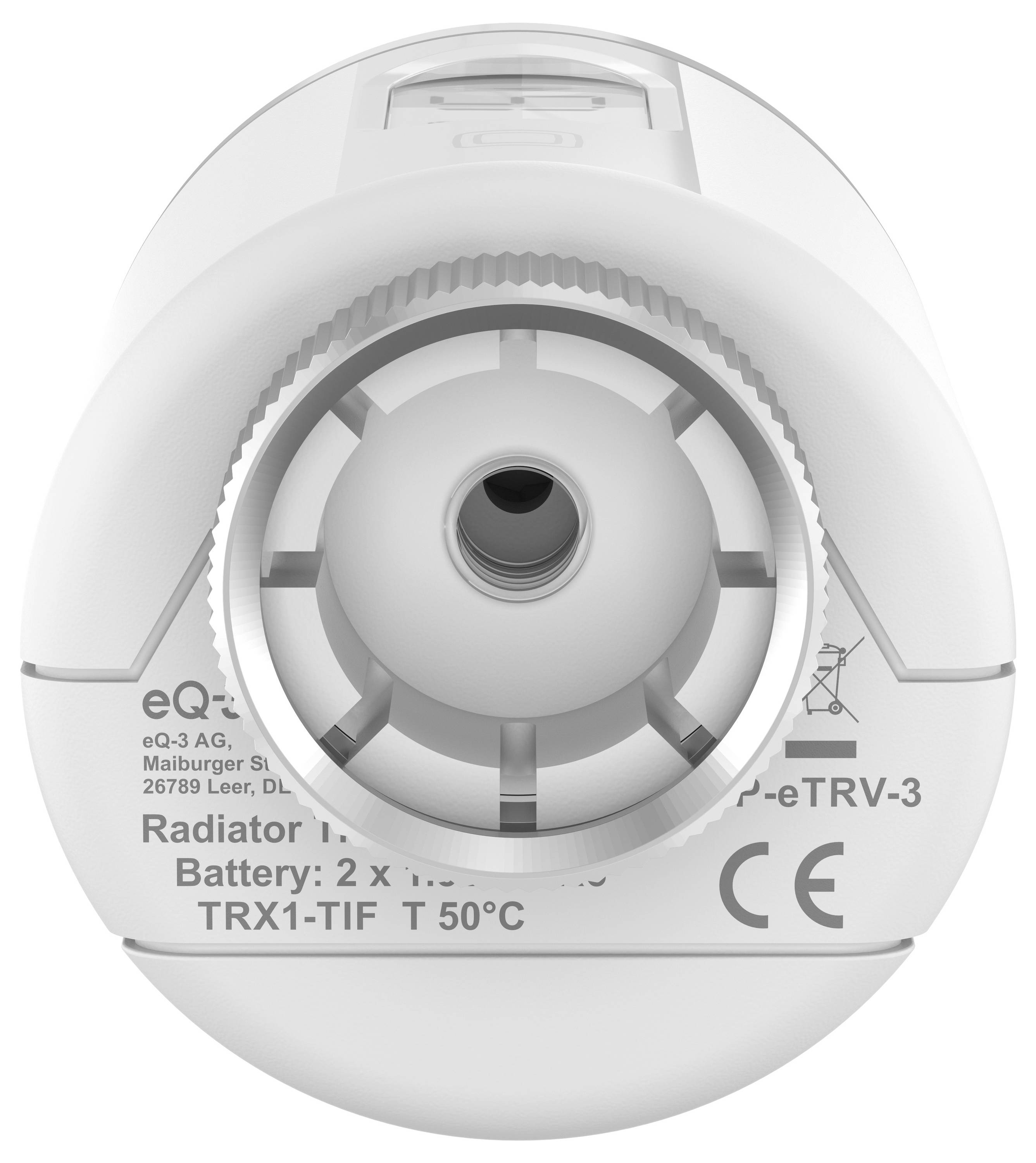 Thermostat controller viewed from the front, showing the central opening for mounting on a radiator. Text and symbols specifying its features are visible.