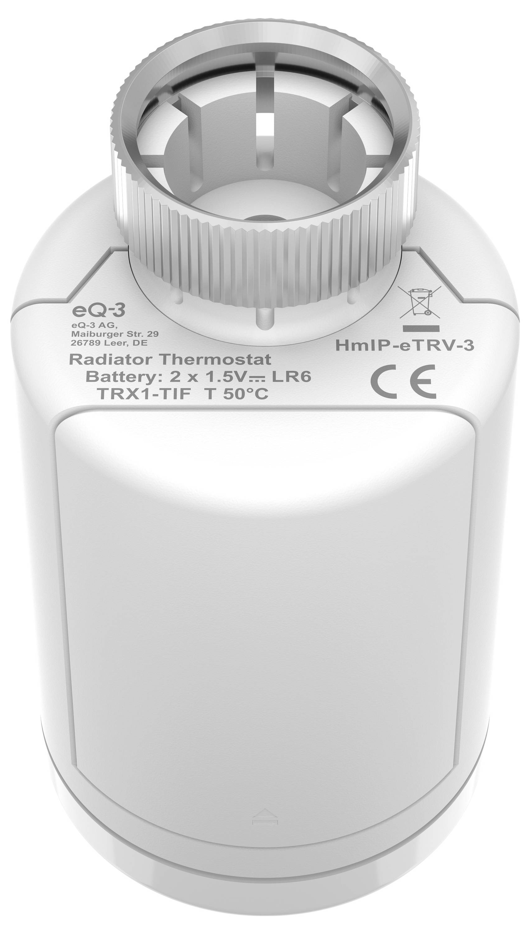 White thermostat device with battery compartment, CE mark, model HmIP-eTRV-3, battery type 2 x 1.5 V LR6 indicated, temperature range up to 50°C.