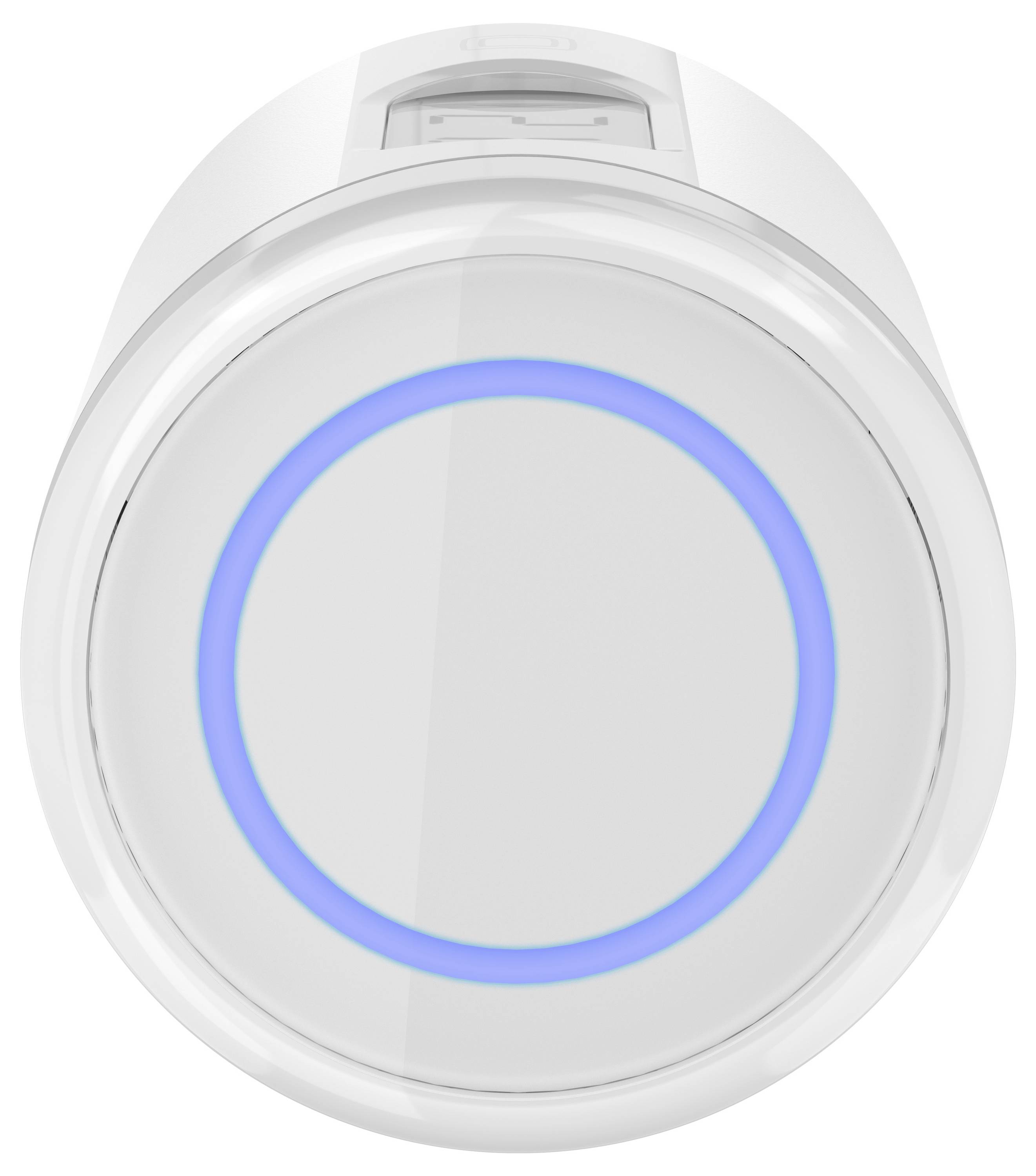 A round, white Wi-Fi router with a blue LED indicator in the centre, showing the operational status.