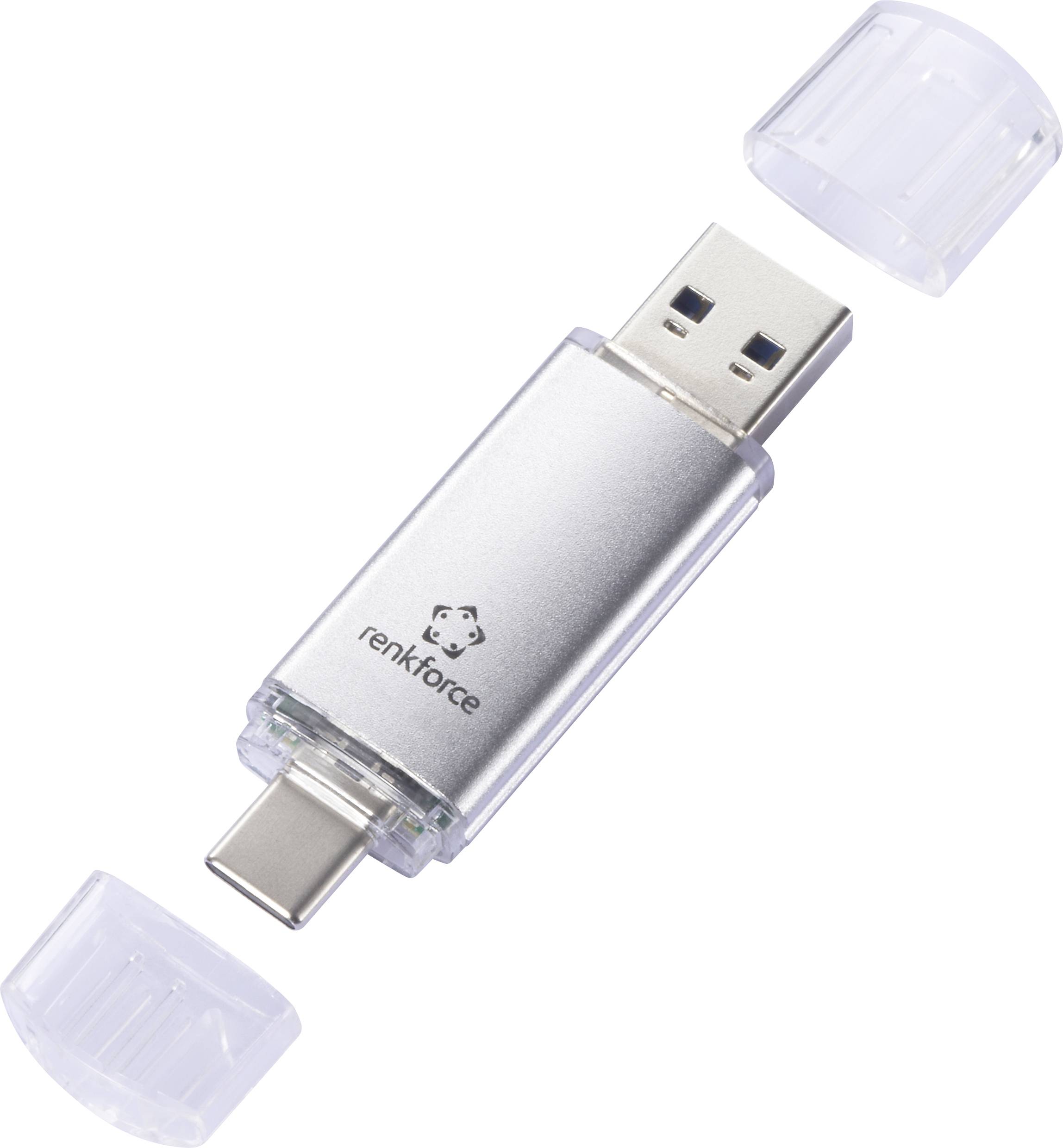 USB drive with a removable sleeve and USB-C and USB-A connections. Silver casing, suitable for versatile use.