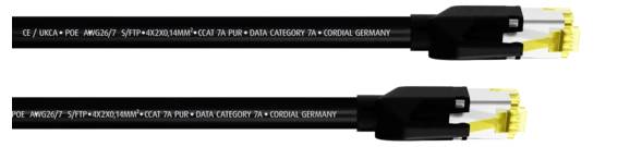Two black network cables with RJ45 connectors and yellow clips, labelled with specifications such as 'CAT.7A', 'S/FTP', and 'Made in Germany'.