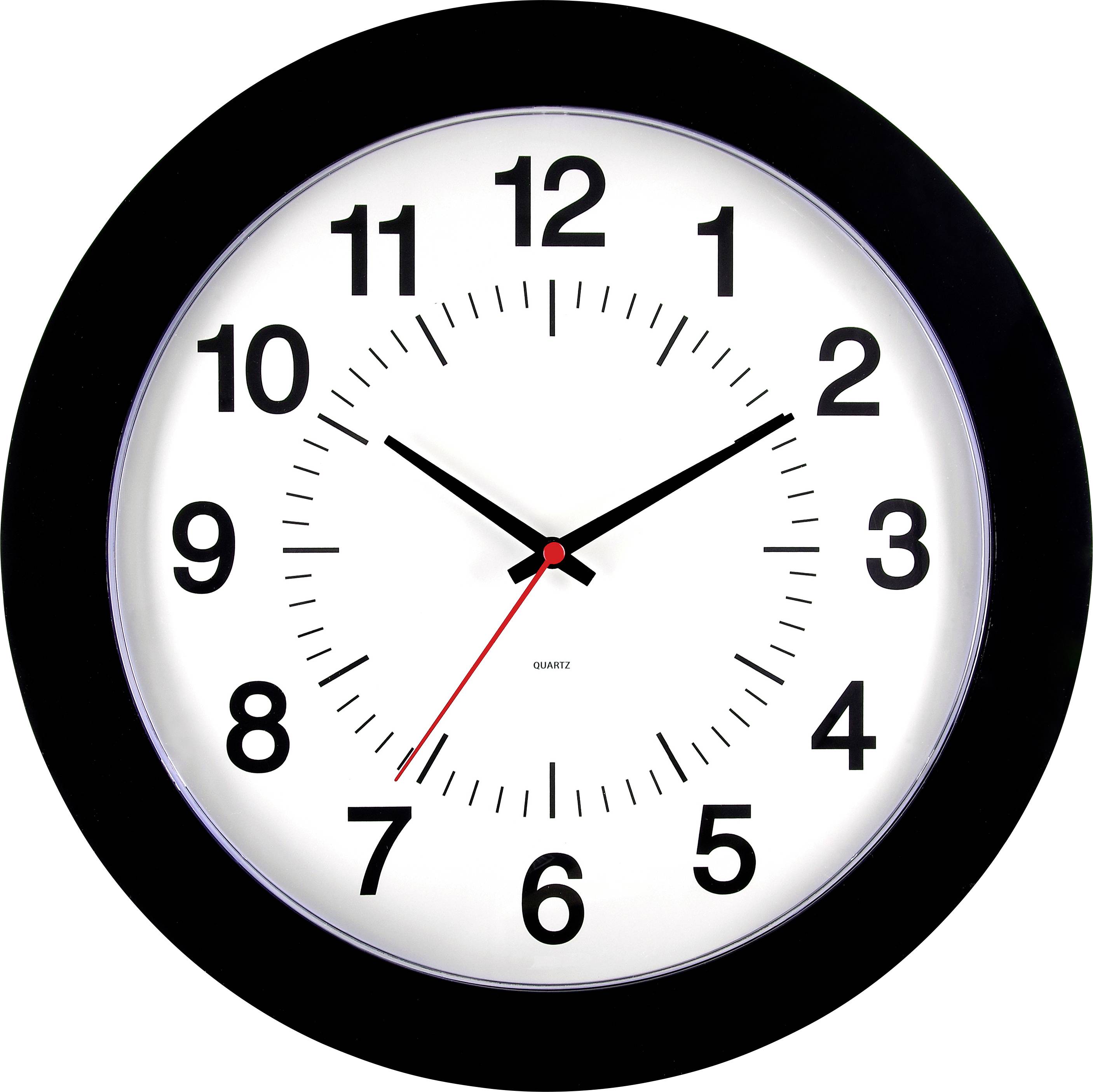 An analogue wall clock shows 10:10. Black dial with prominent numbers and a red second hand.