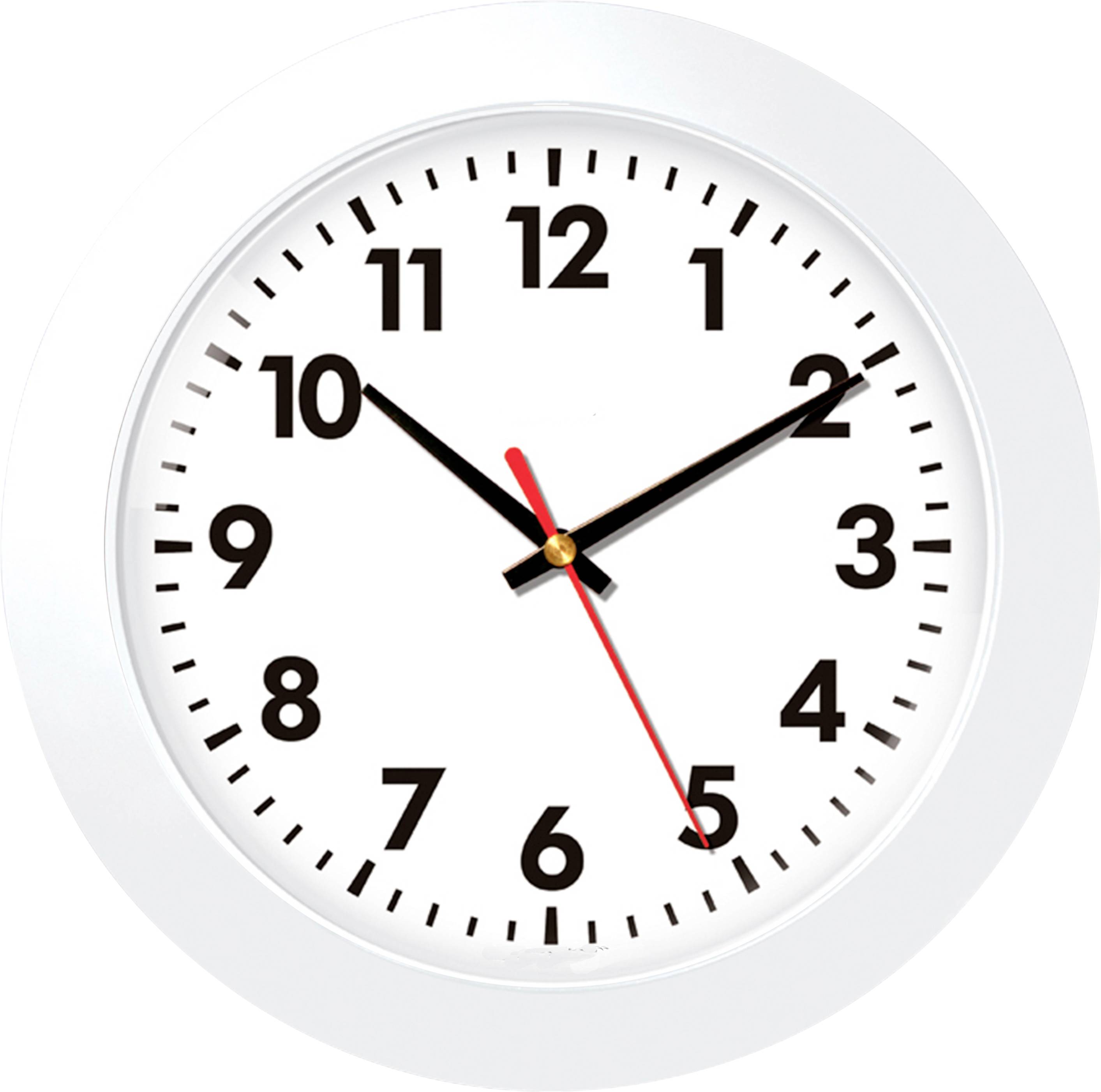 A white analogue wall clock shows 10:10.