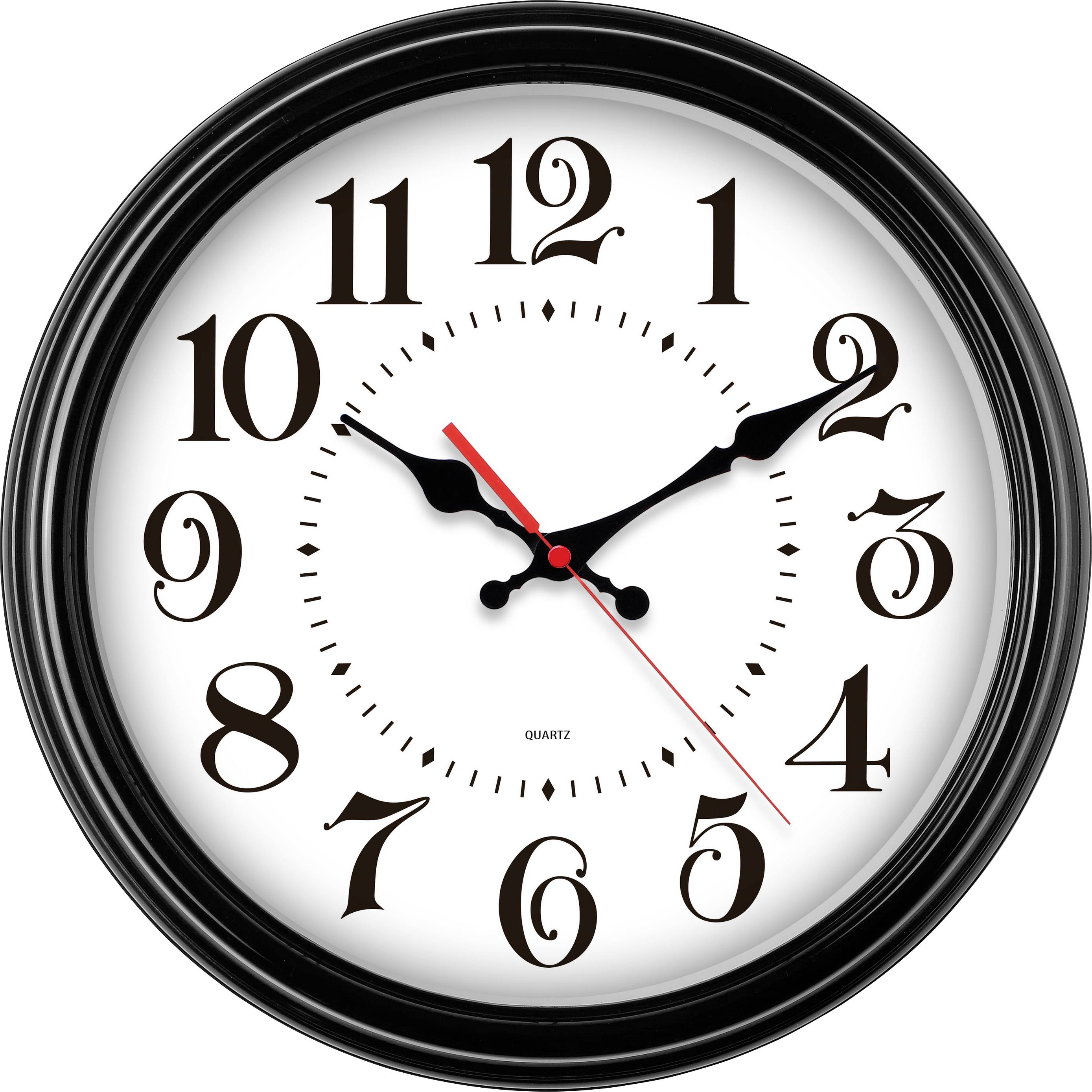 An analogue clock with black hands and Arabic numerals is showing 10:10. The second hand is red.