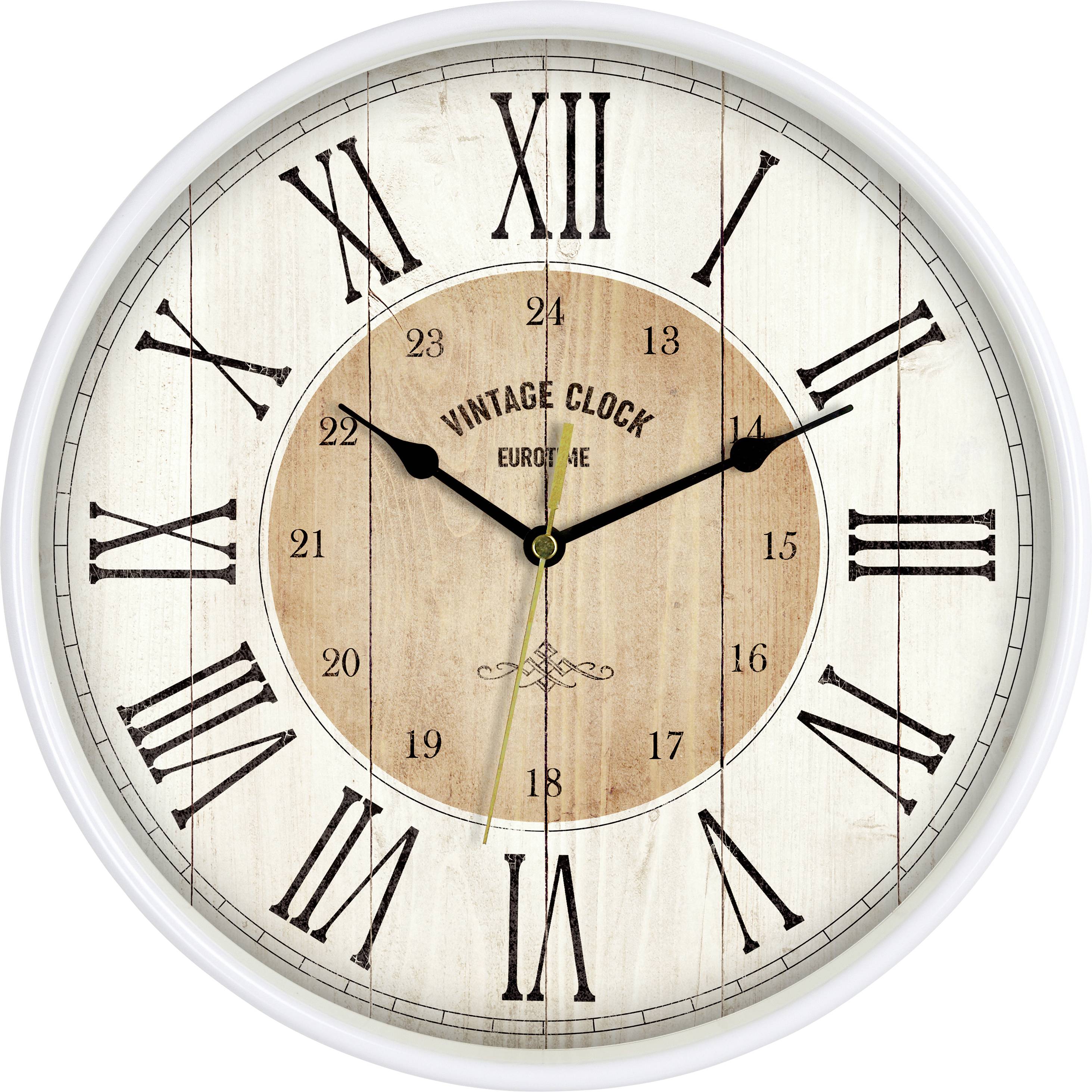 Analogue wall clock with Roman numerals. White frame, central dial with the inscription 'VINTAGE CLOCK EUROPE'. Showing 10:10.