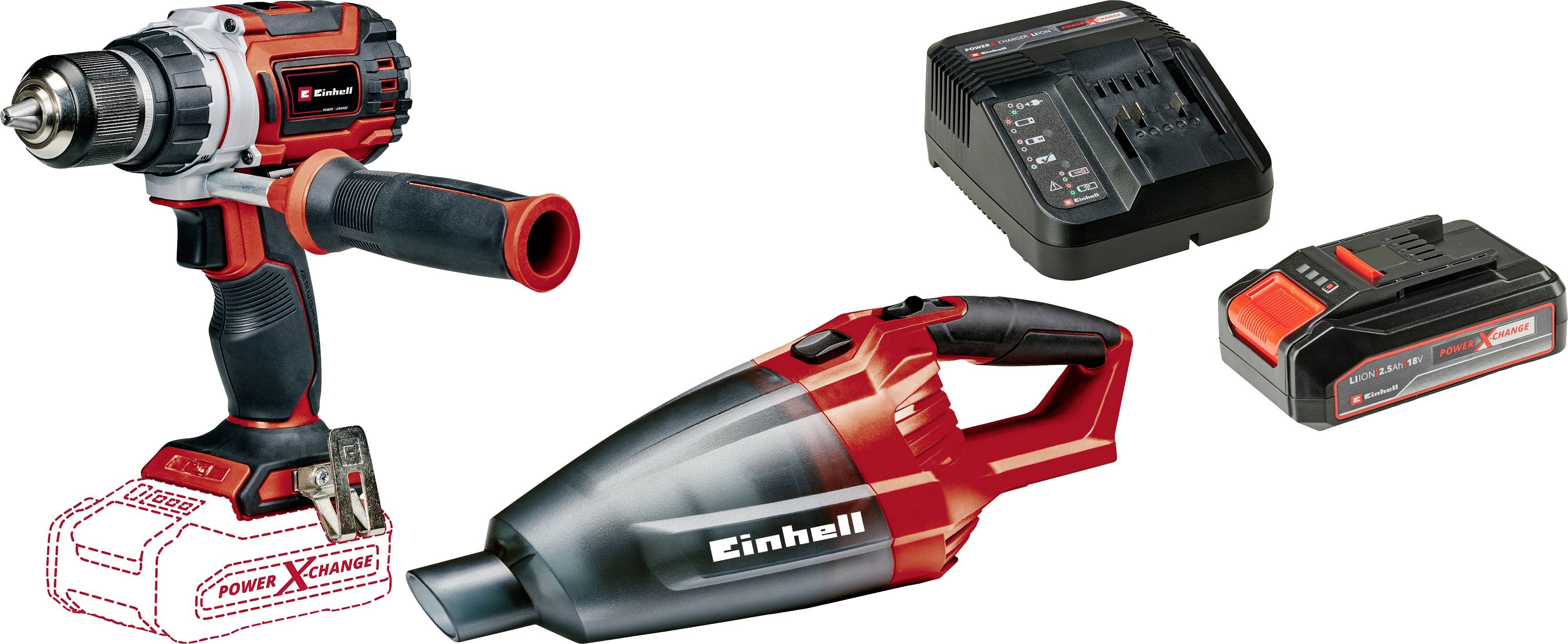 A cordless drill, a handheld vacuum cleaner, a charger and a battery, all in red and black. Products by Einhell for DIY enthusiasts.